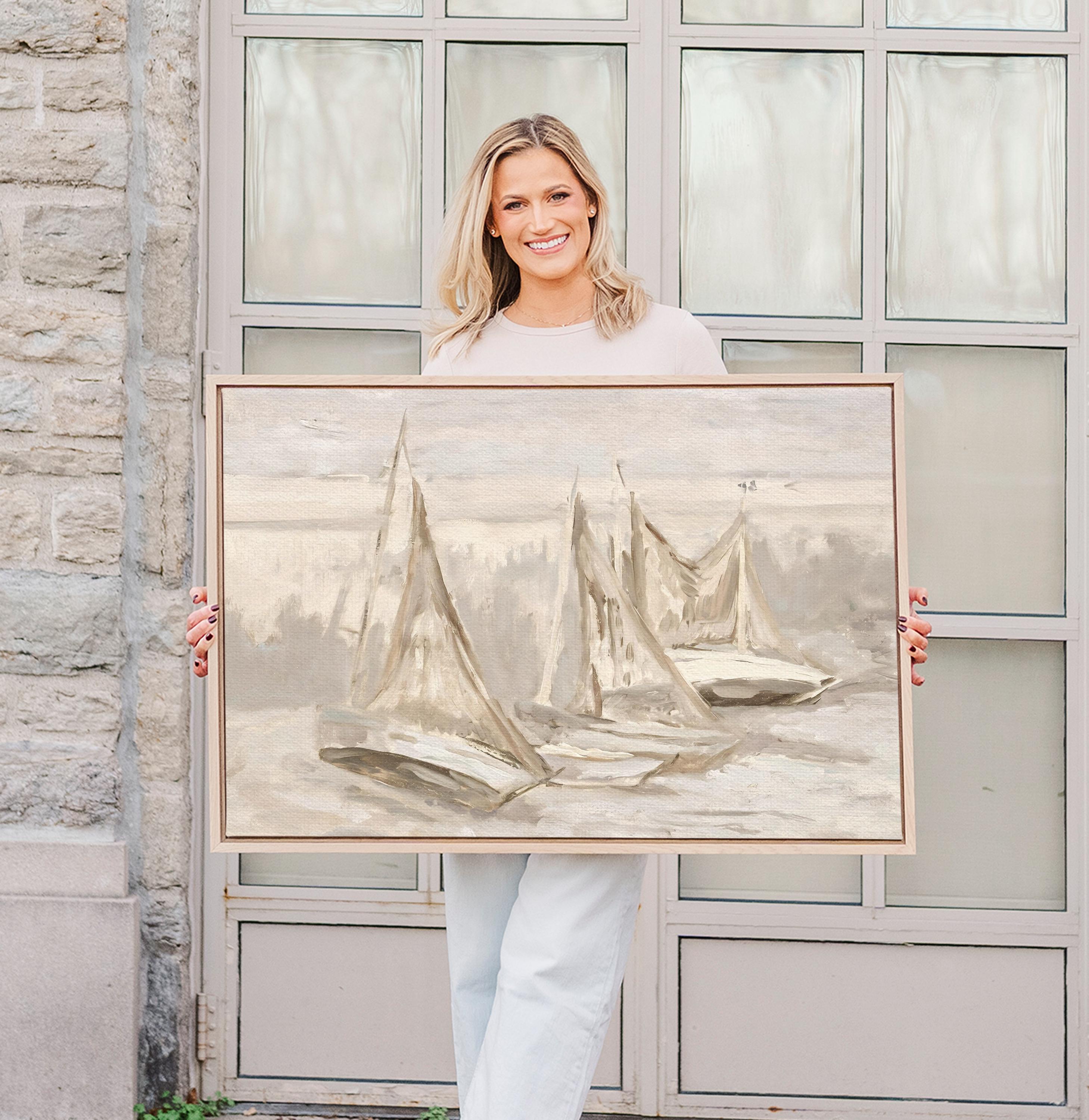 Neutral Sailboat Wall Art, Minimal Coastal Painting, Beige Nautical Canvas Print, Serene Ocean Artwork, Modern Beach House Decor