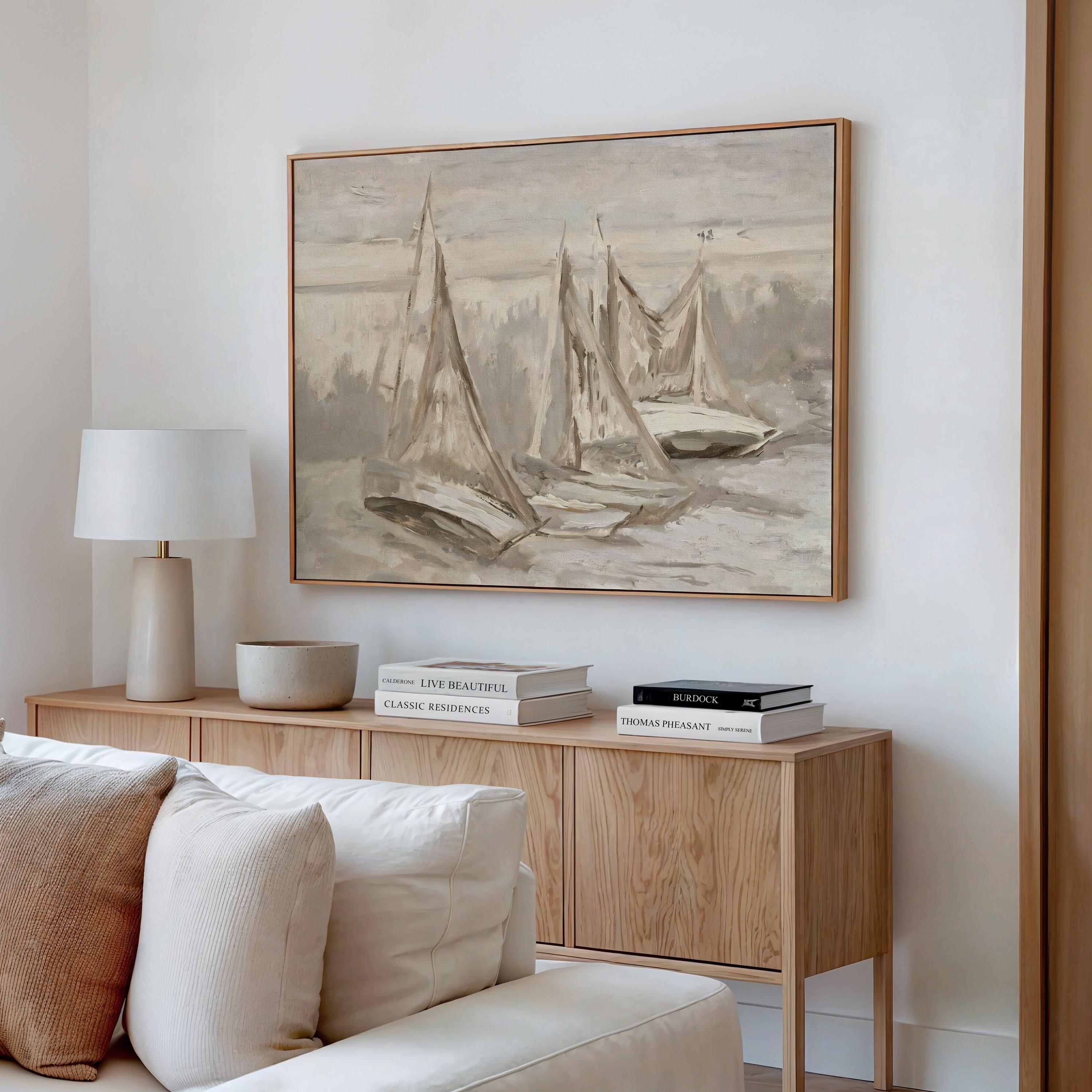 Neutral Sailboat Wall Art, Minimal Coastal Painting, Beige Nautical Canvas Print, Serene Ocean Artwork, Modern Beach House Decor