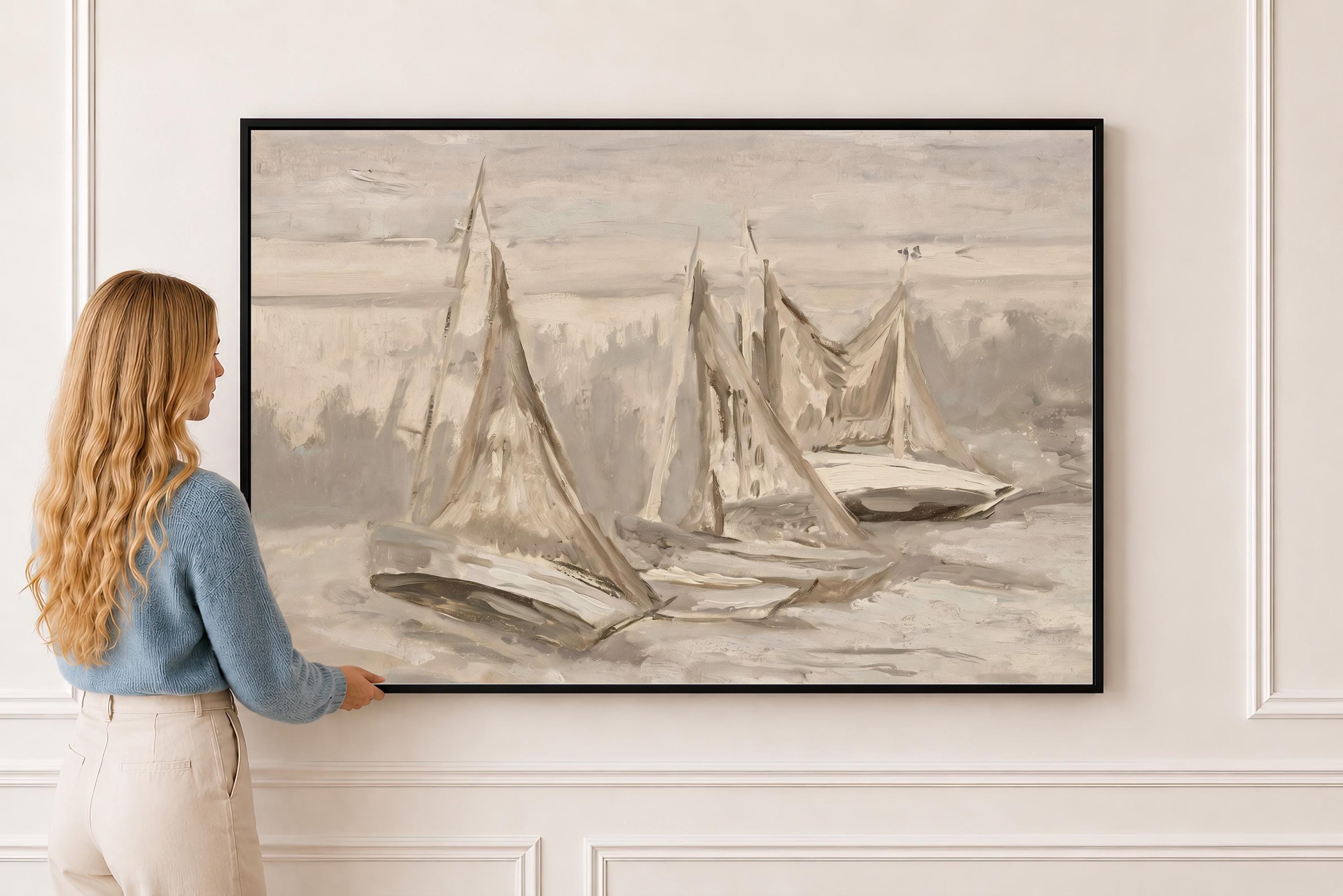 Neutral Sailboat Wall Art, Minimal Coastal Painting, Beige Nautical Canvas Print, Serene Ocean Artwork, Modern Beach House Decor