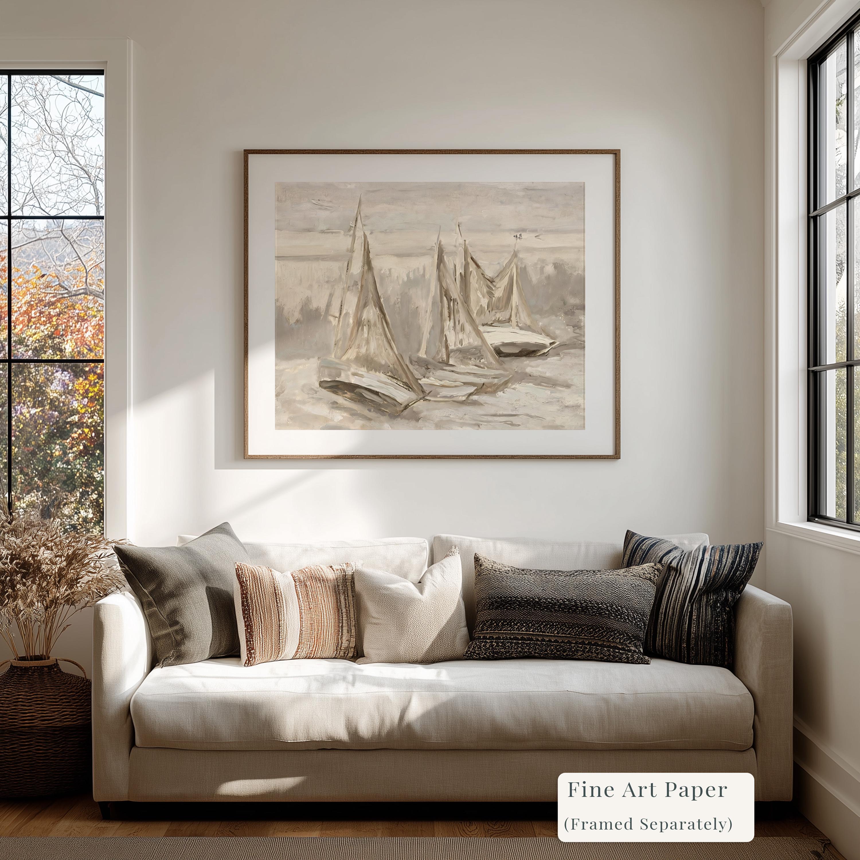 Neutral Sailboat Wall Art, Minimal Coastal Painting, Beige Nautical Canvas Print, Serene Ocean Artwork, Modern Beach House Decor