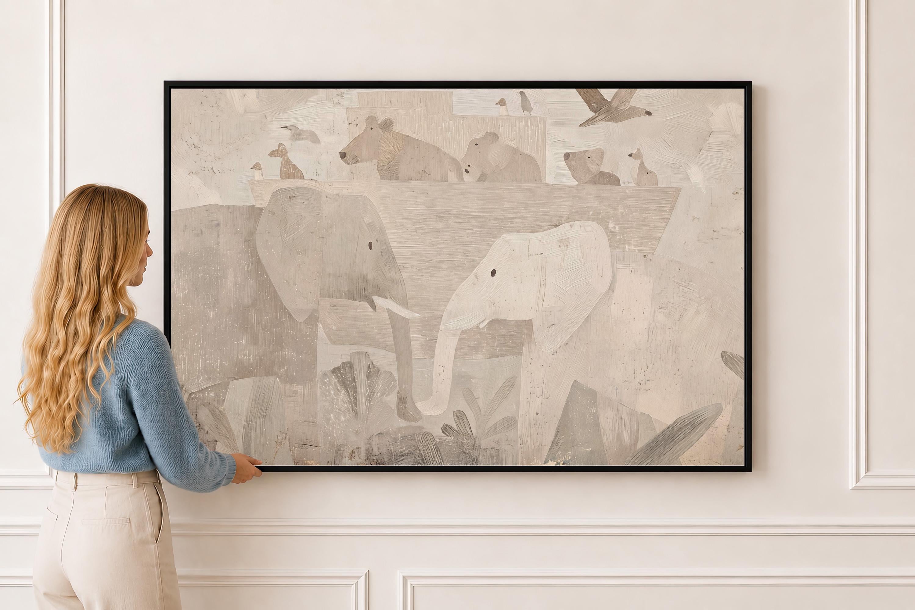 Noah’s Ark Neutral Nursery Art, Christian Animal Print, Abstract Faith Kids Room Decor