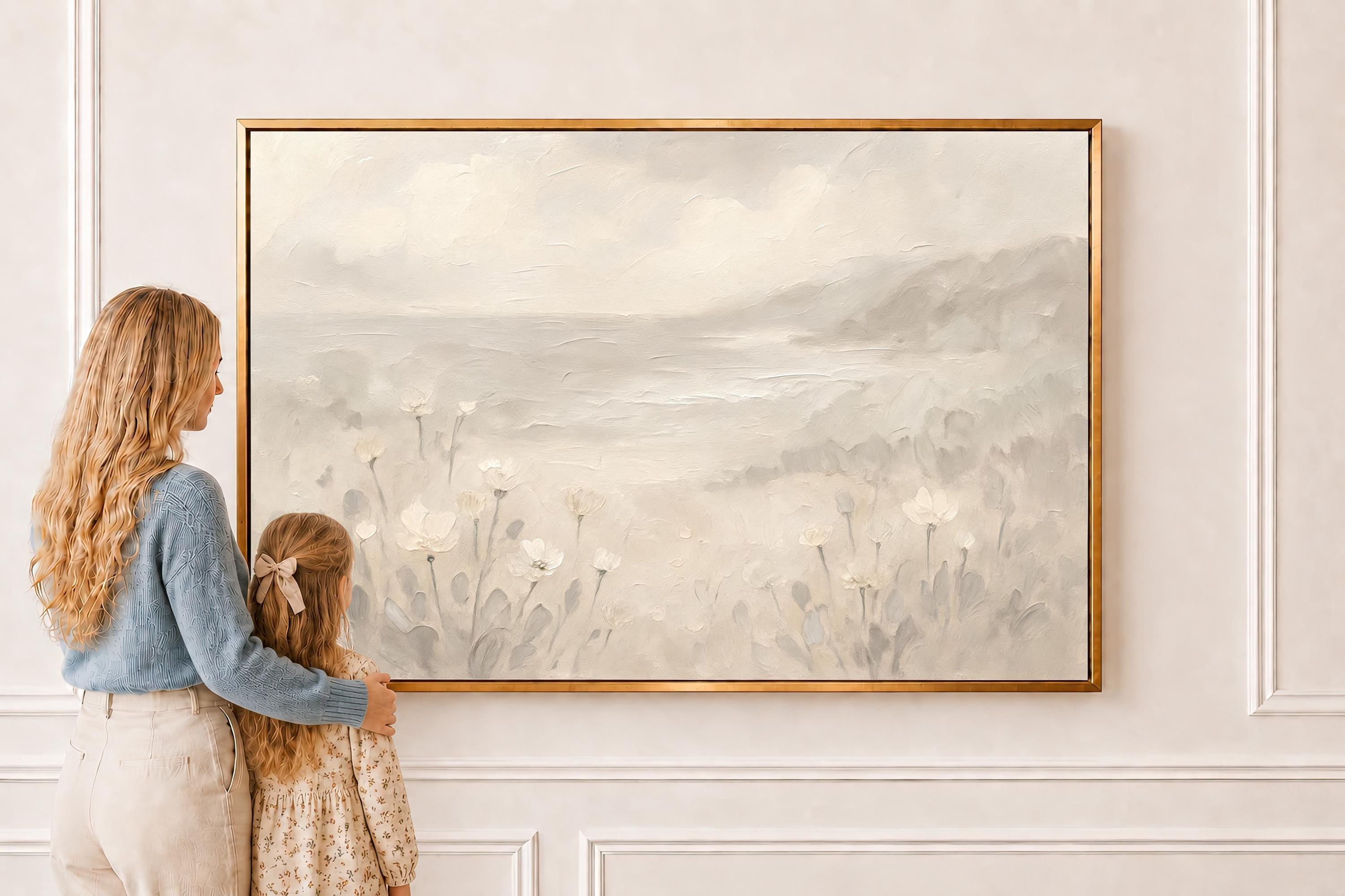 Soft Coastal Landscape Wall Art | Grey Beige Wildflower Print | Neutral Cottage Nursery Decor