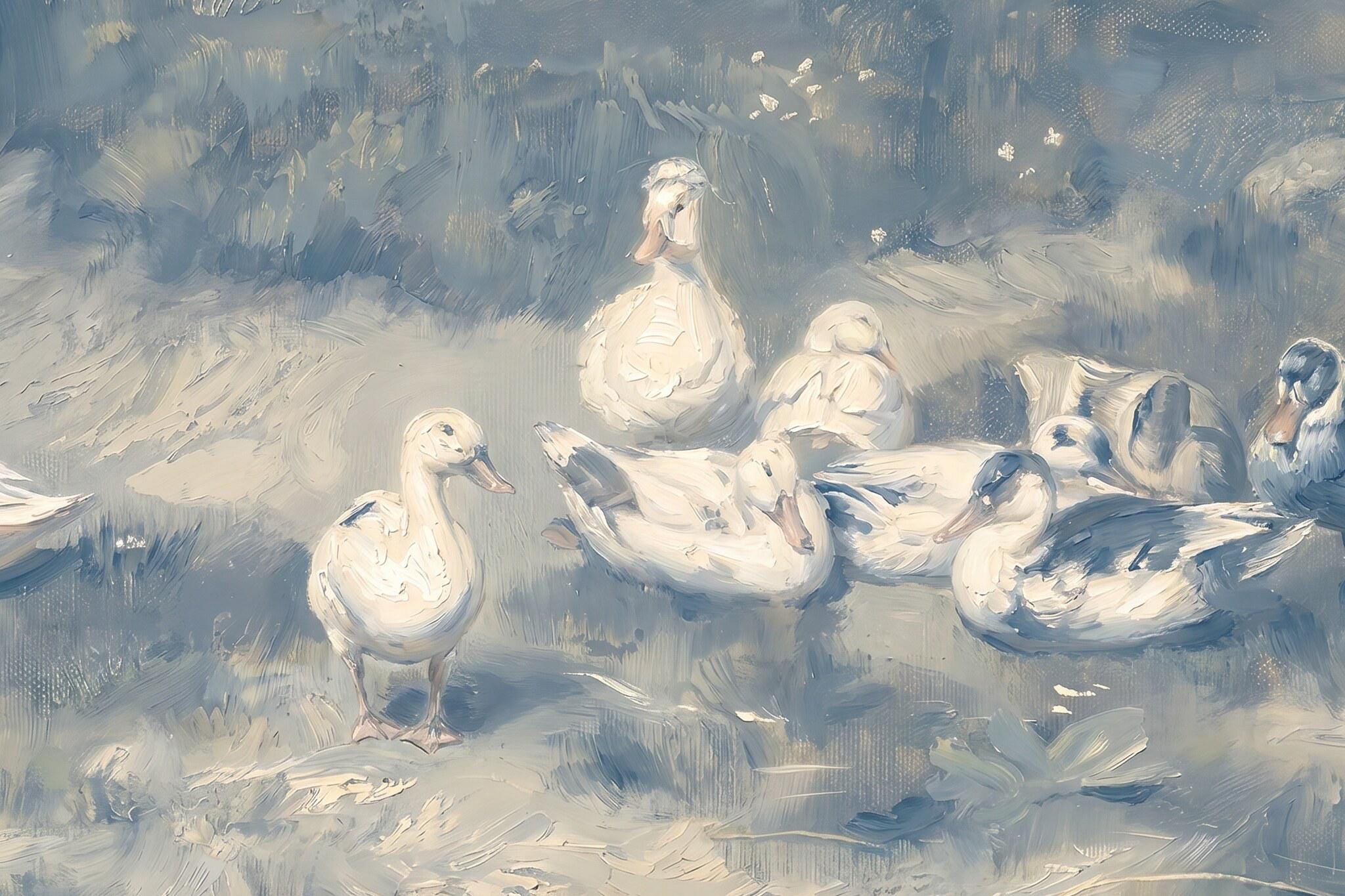 Antique Duck Painting Print | Vintage Neutral Bird Wall Art | Moody Blue Grey Cottage Decor | P0040