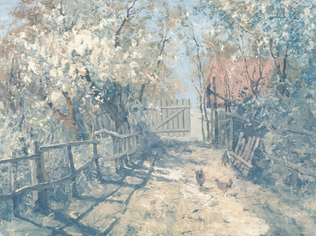 Pale Blue Farmhouse Art | Powder Blue Ivory Farm | Pastel Wall Art Print | P0019