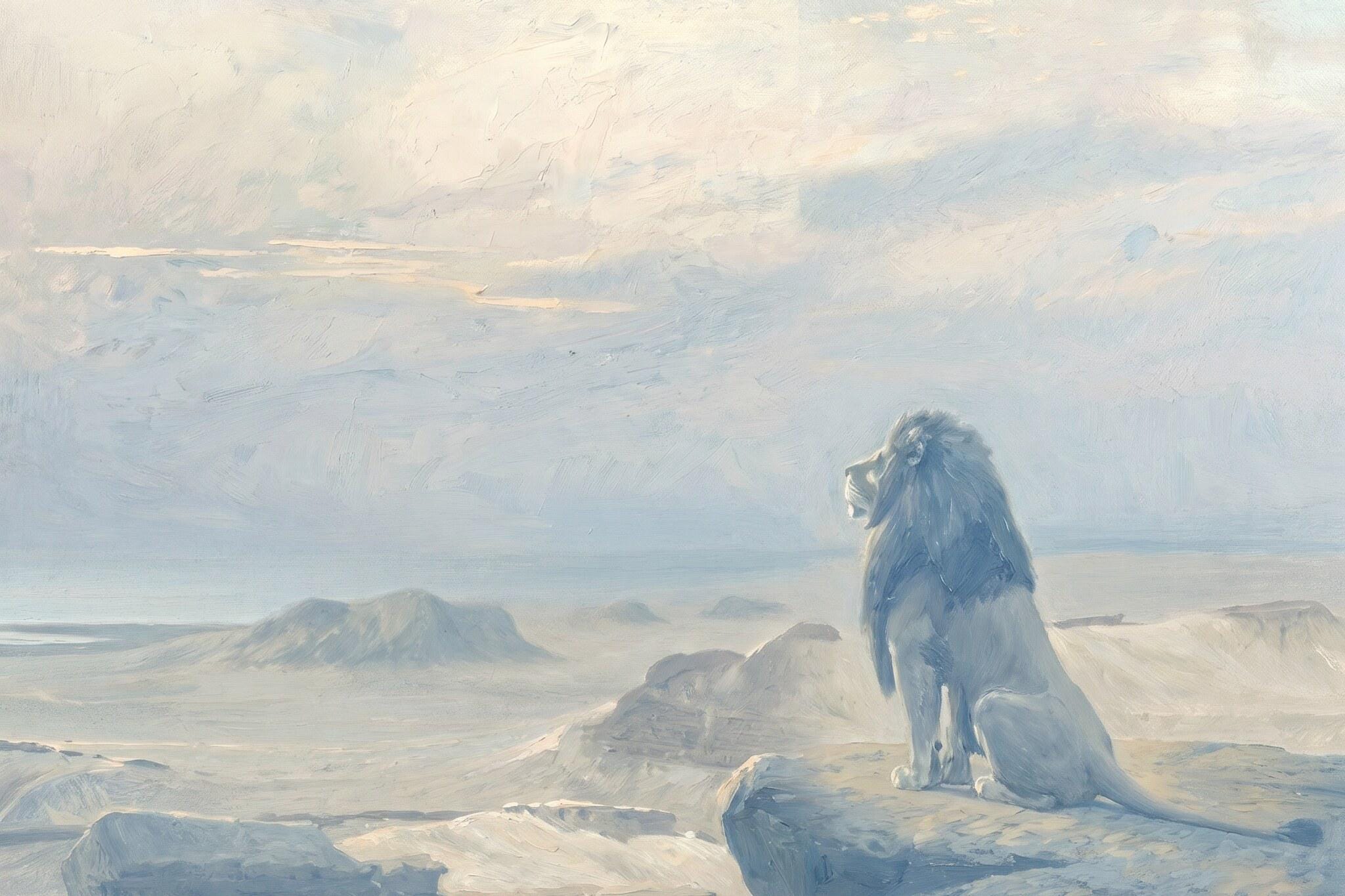 Soft Blue Lion Painting Wall Art | Vintage Safari Canvas Print | Nursery Neutral Decor | P0041