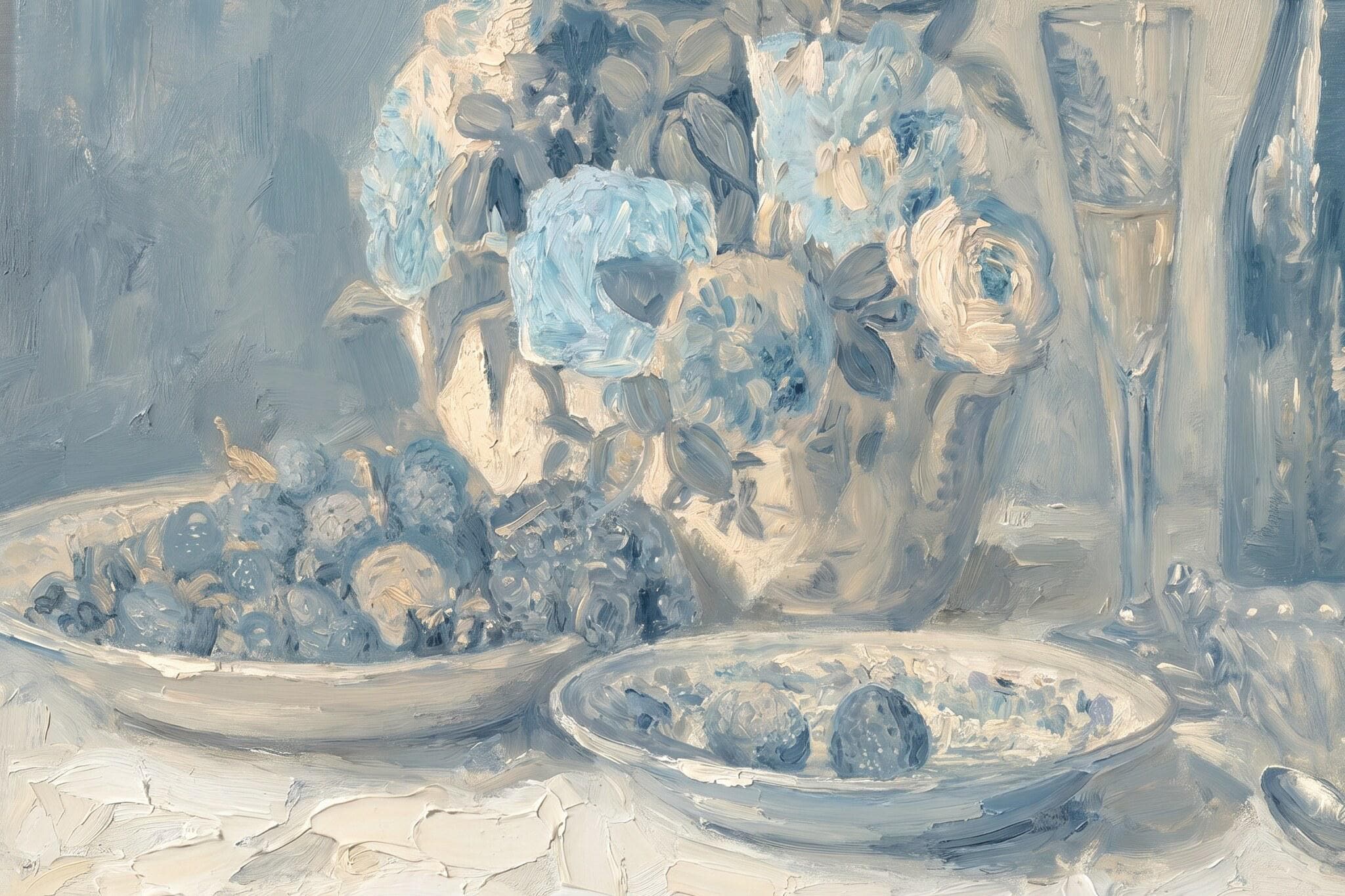 Blue Floral Still Life Wall Art | Vintage Botanical Painting | French Country Decor | Elegant Dining Room Artwork | P0031