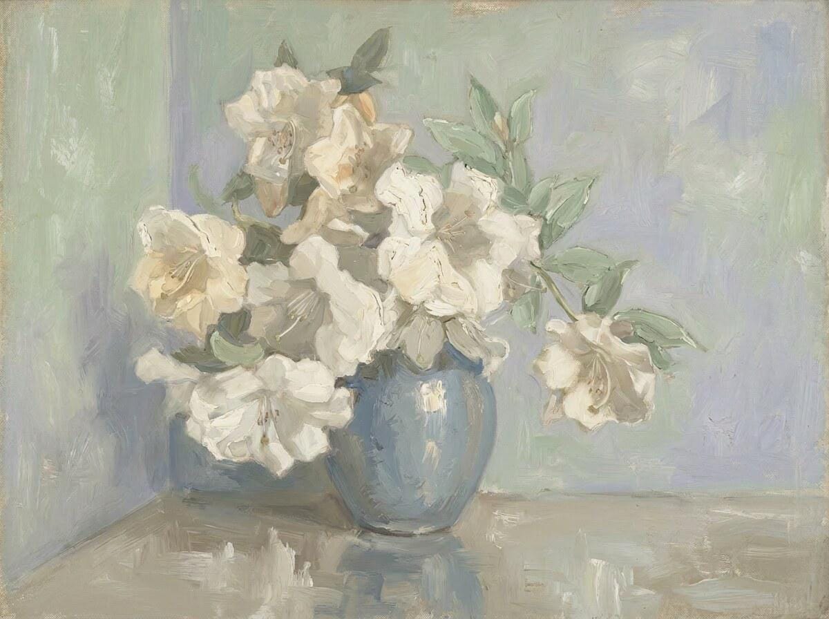 Blue Vase Floral Painting | White Flower Wall Art | French Cottage Decor | Vintage Botanical Artwork | Traditional Home Decor | A0013
