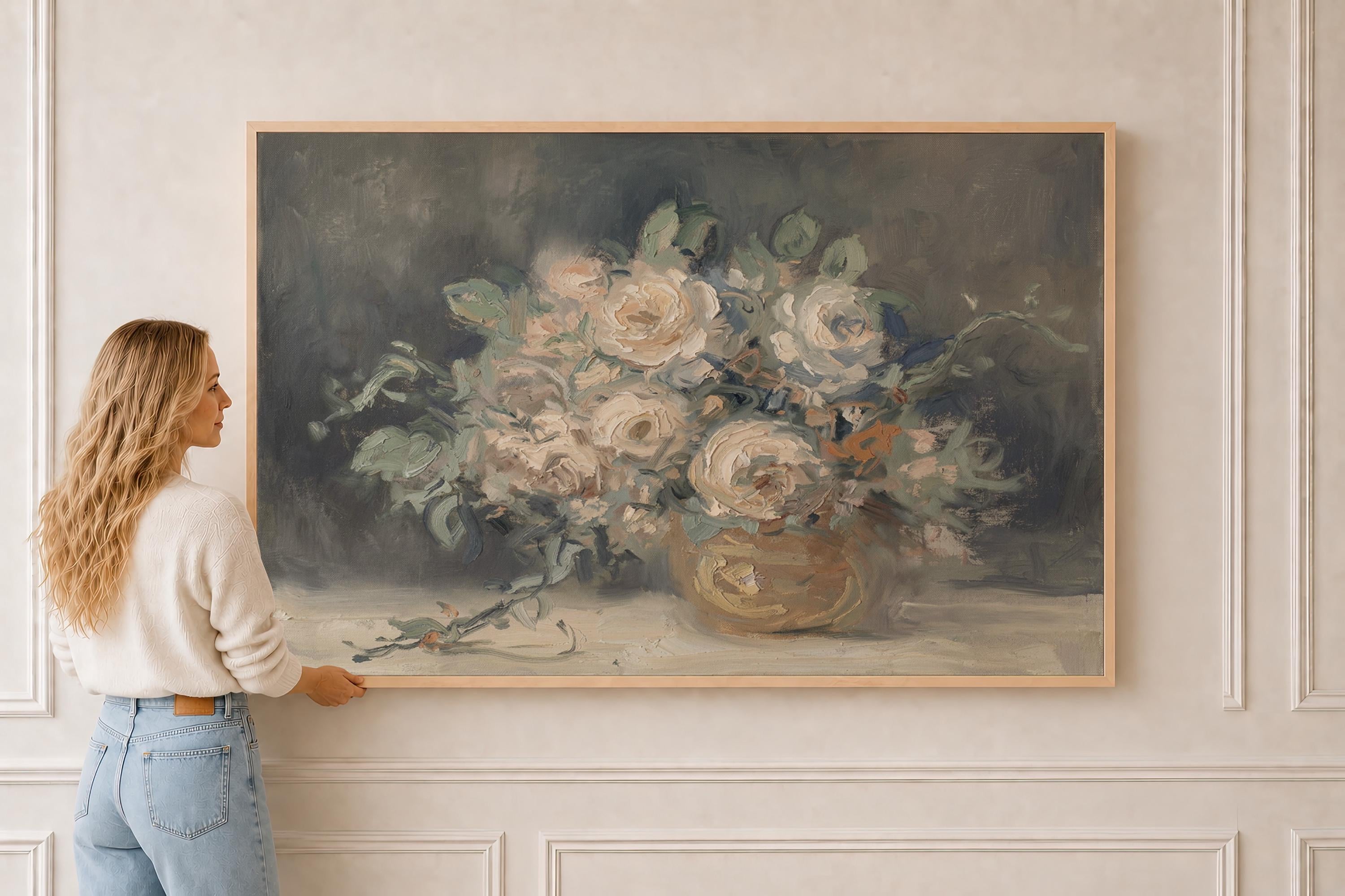 Vintage Floral Oil Wall Art | Moody Neutral Bouquet Painting | Antique Cream Rose Still Life Print | A0012