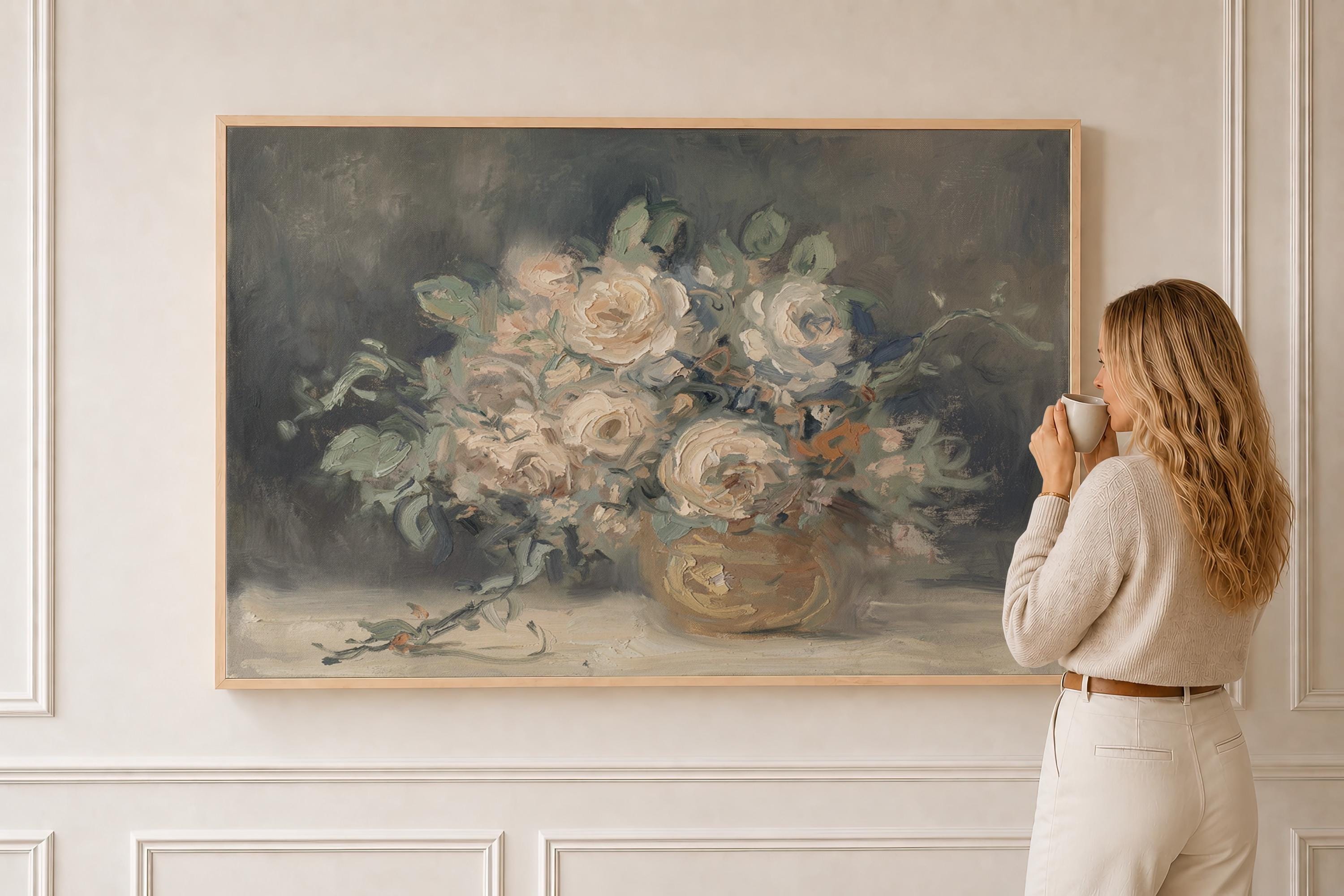 Vintage Floral Oil Wall Art | Moody Neutral Bouquet Painting | Antique Cream Rose Still Life Print | A0012