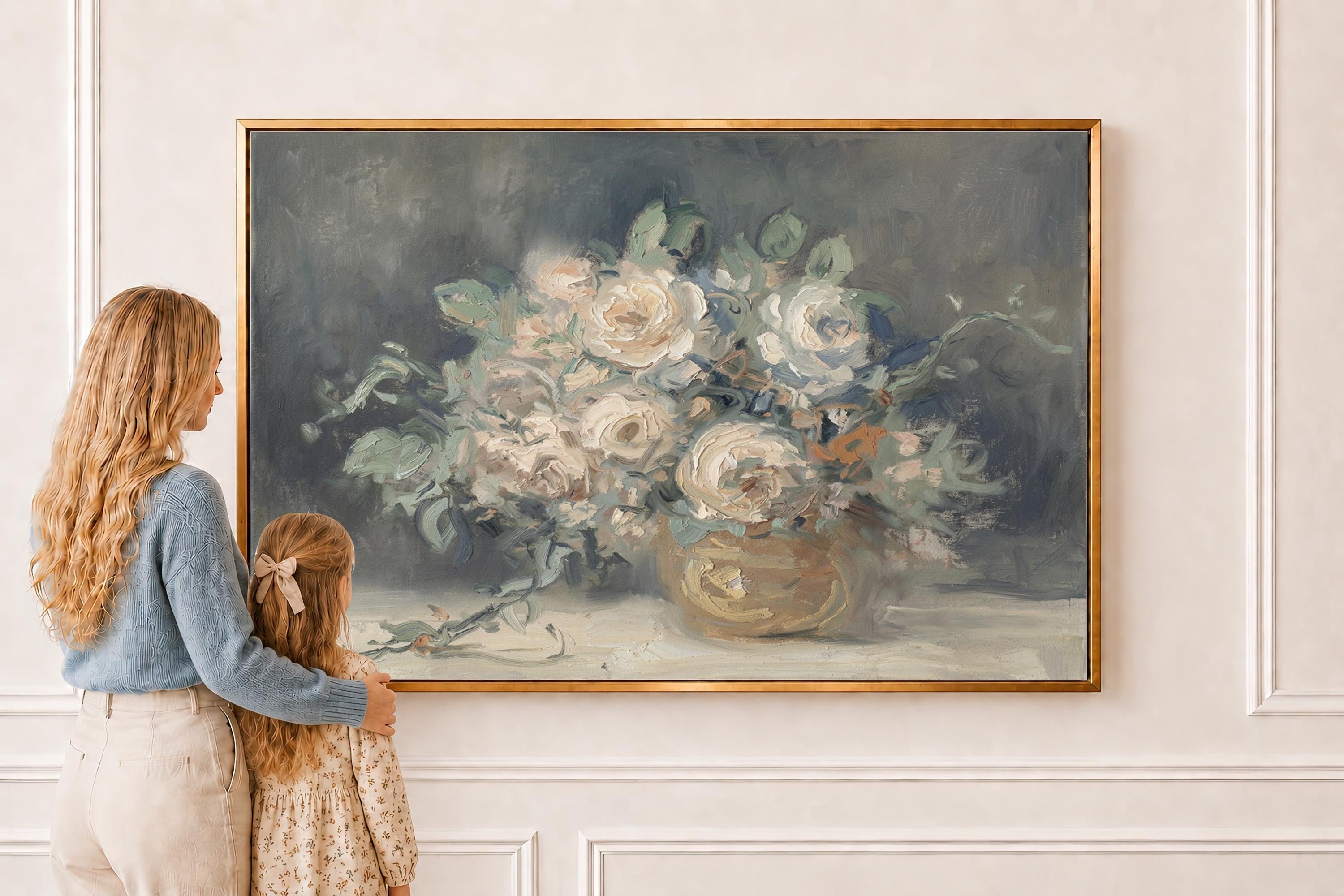 Vintage Floral Oil Wall Art | Moody Neutral Bouquet Painting | Antique Cream Rose Still Life Print | A0012