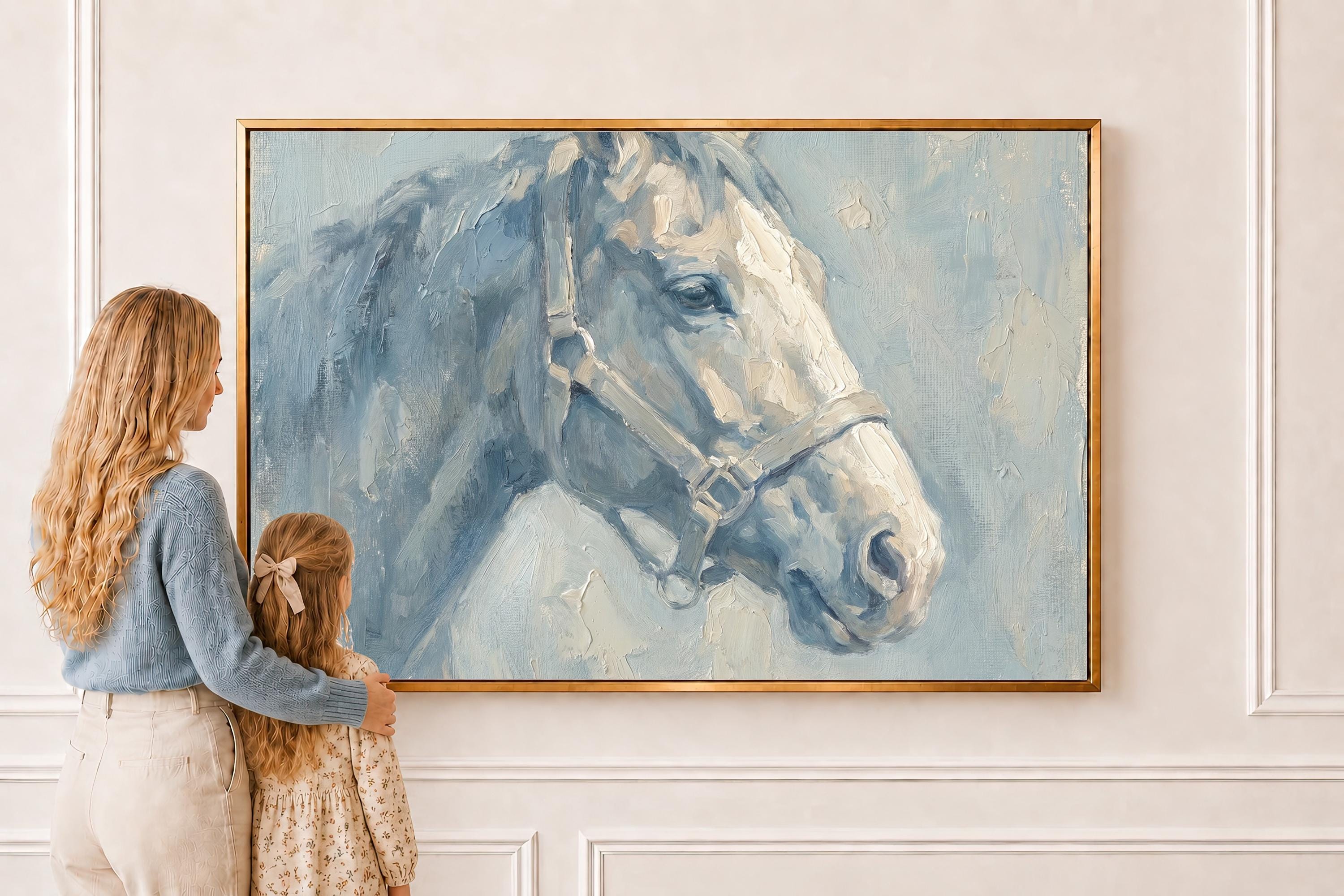 Vintage Horse Oil Painting Wall Art | Moody Equestrian Canvas Print | Antique Blue Grey Horse Portrait Decor | P0039