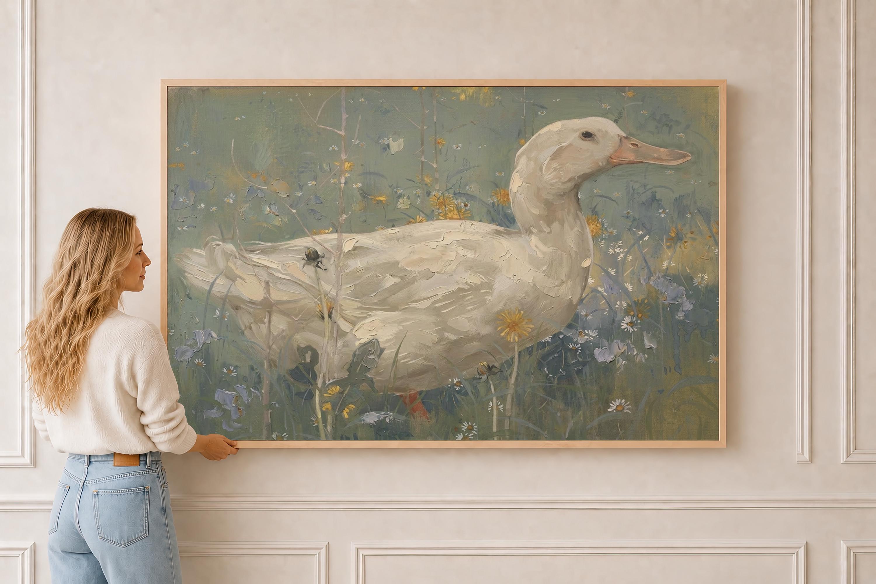 Soft Sage Duck Wall Art | Vintage Cottage Farm Painting | Neutral Country Canvas Print | A0023