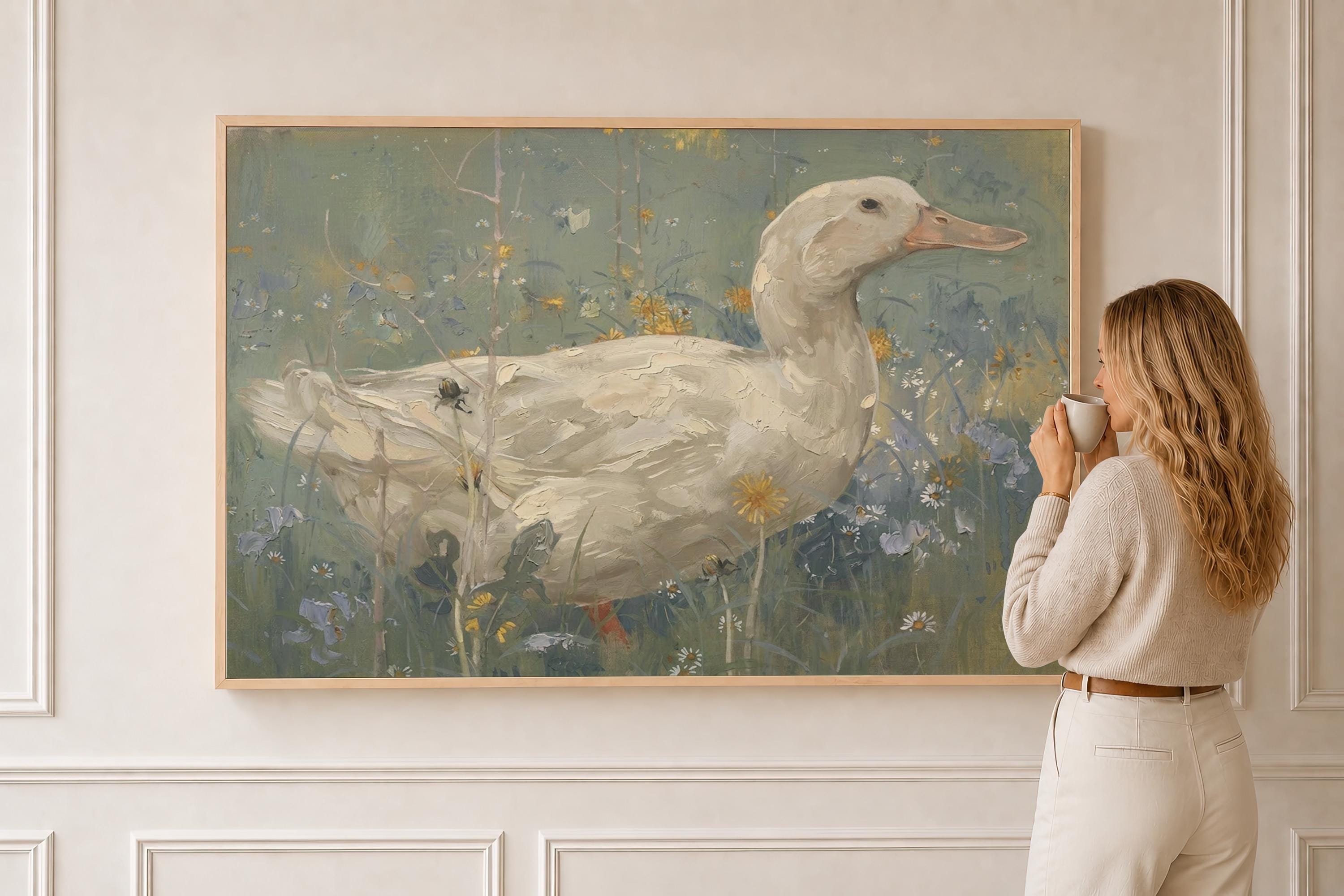 Soft Sage Duck Wall Art | Vintage Cottage Farm Painting | Neutral Country Canvas Print | A0023