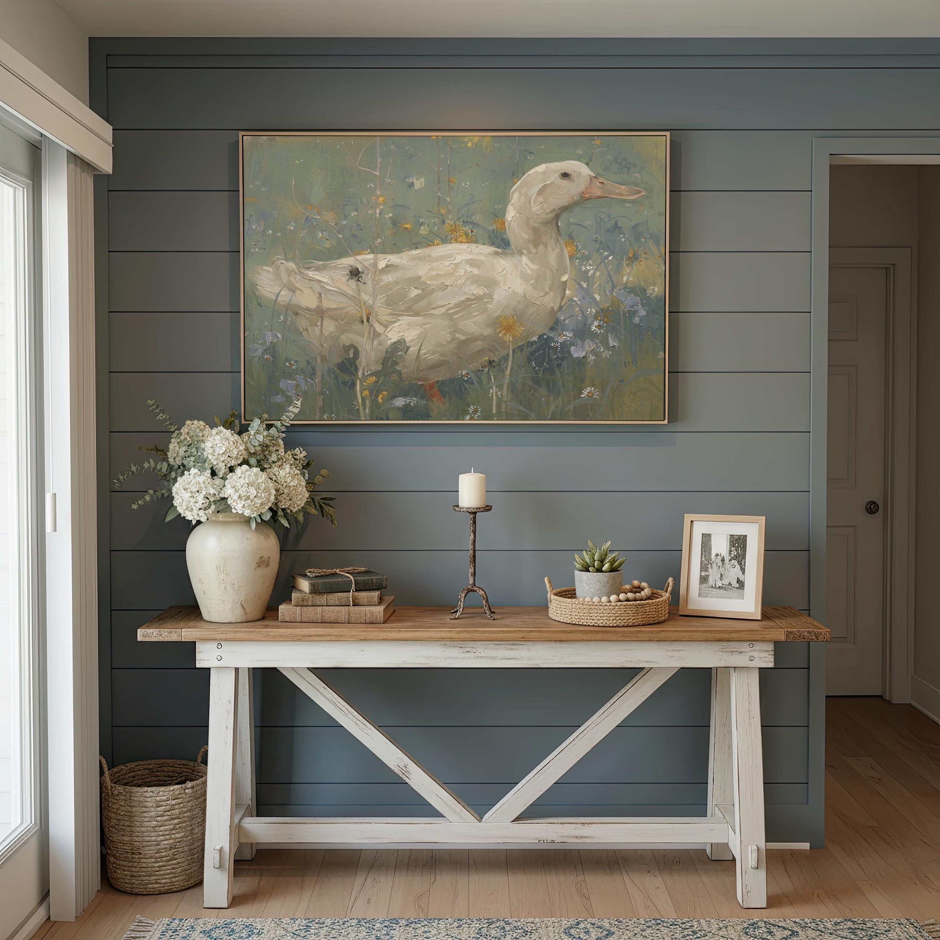 Soft Sage Duck Wall Art | Vintage Cottage Farm Painting | Neutral Country Canvas Print | A0023