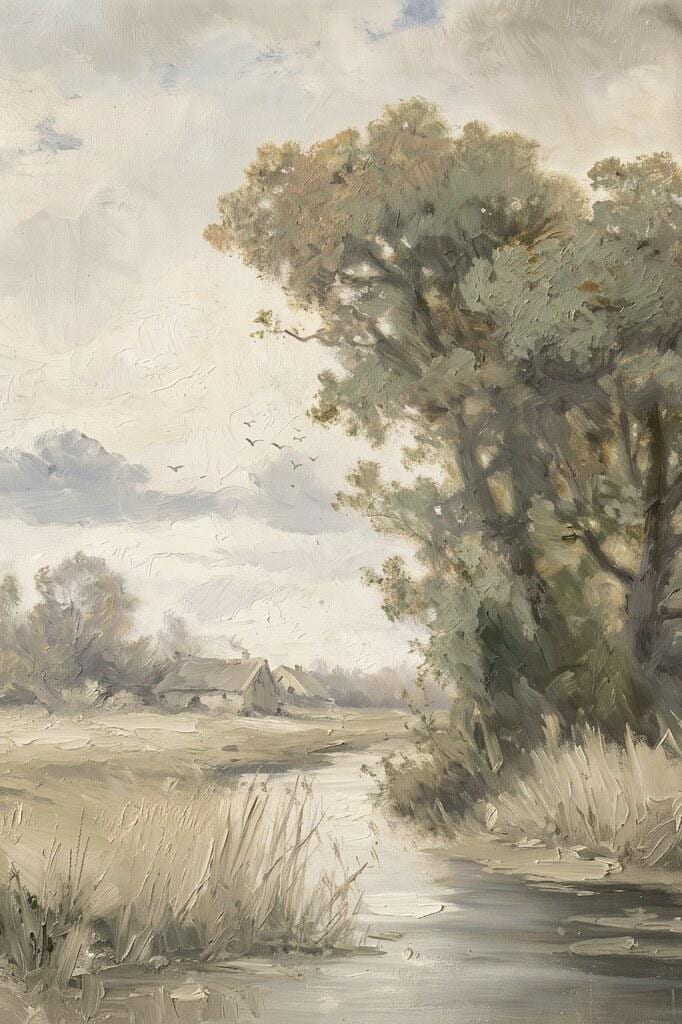 Quiet River Wall Art Print | Neutral Landscape Decor | Vintage Countryside Painting | Christian Home Decor | Soft Nature Artwork | Y0002