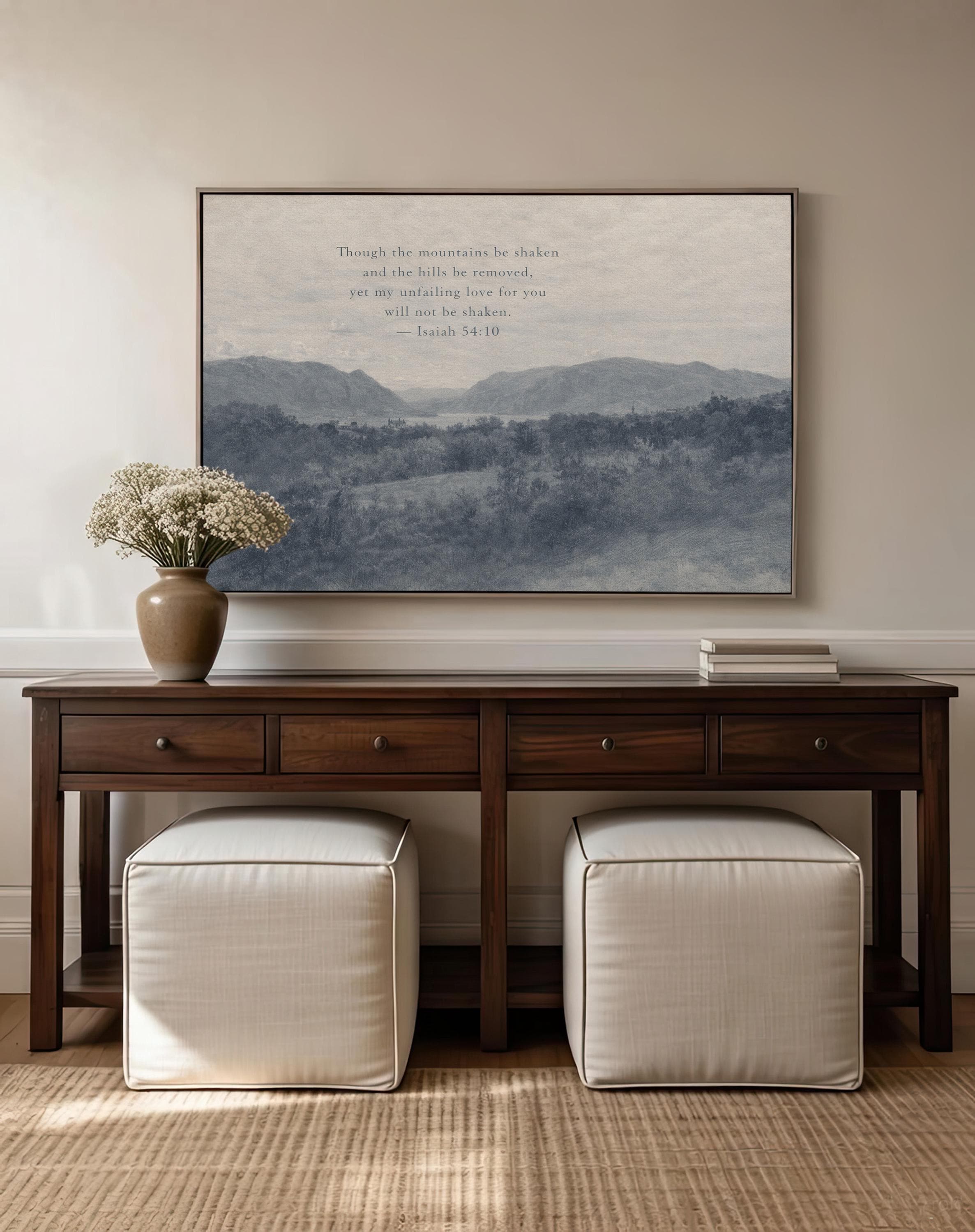 Though the Mountains Be Shaken Christian Landscape Canvas | Isaiah 54:10 Blue Antique Wall Art