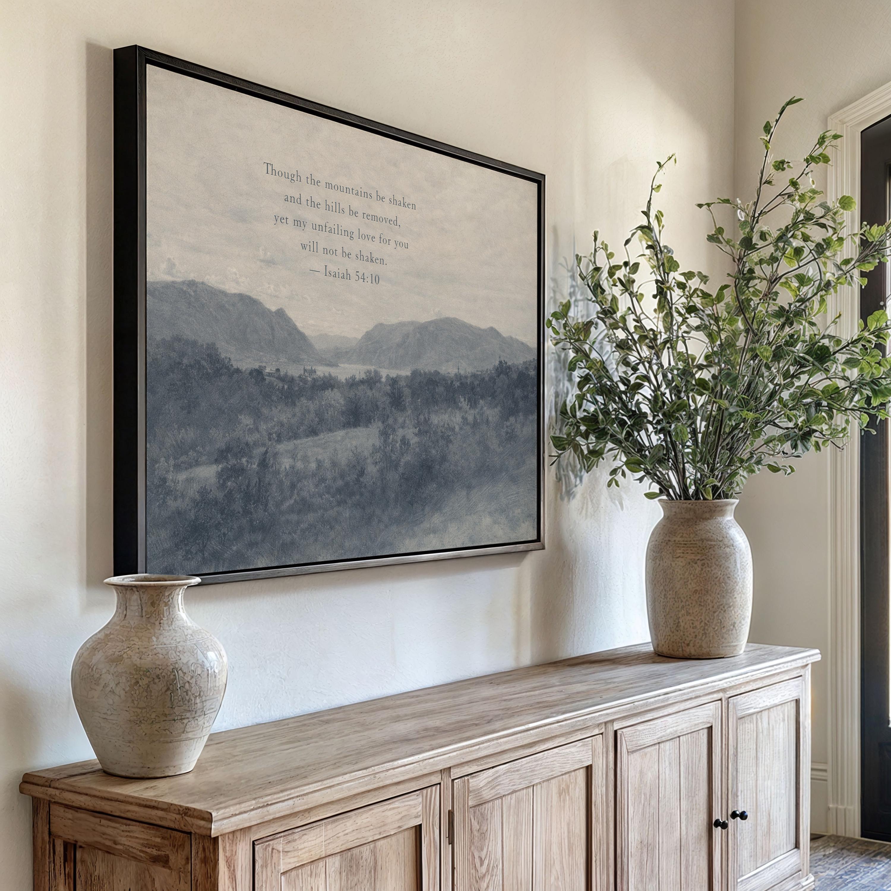 Though the Mountains Be Shaken Christian Landscape Canvas | Isaiah 54:10 Blue Antique Wall Art