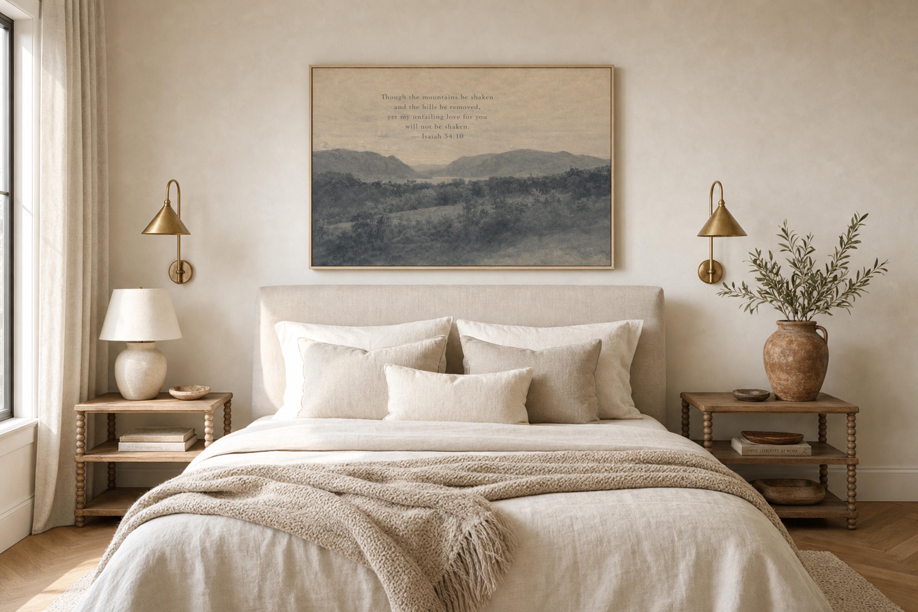 Though the Mountains Be Shaken Christian Landscape Canvas | Isaiah 54:10 Blue Antique Wall Art