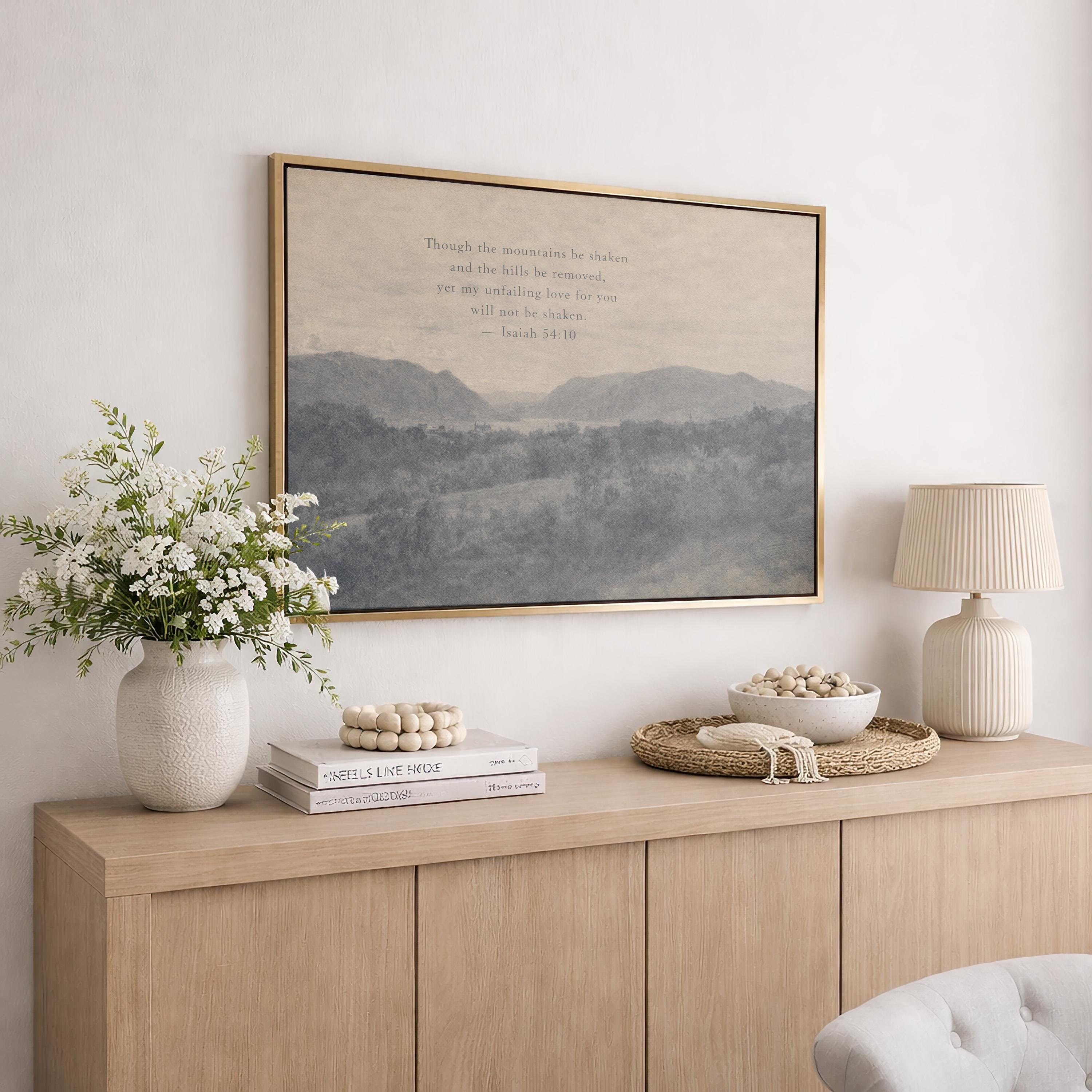 Though the Mountains Be Shaken Christian Landscape Canvas | Isaiah 54:10 Blue Antique Wall Art