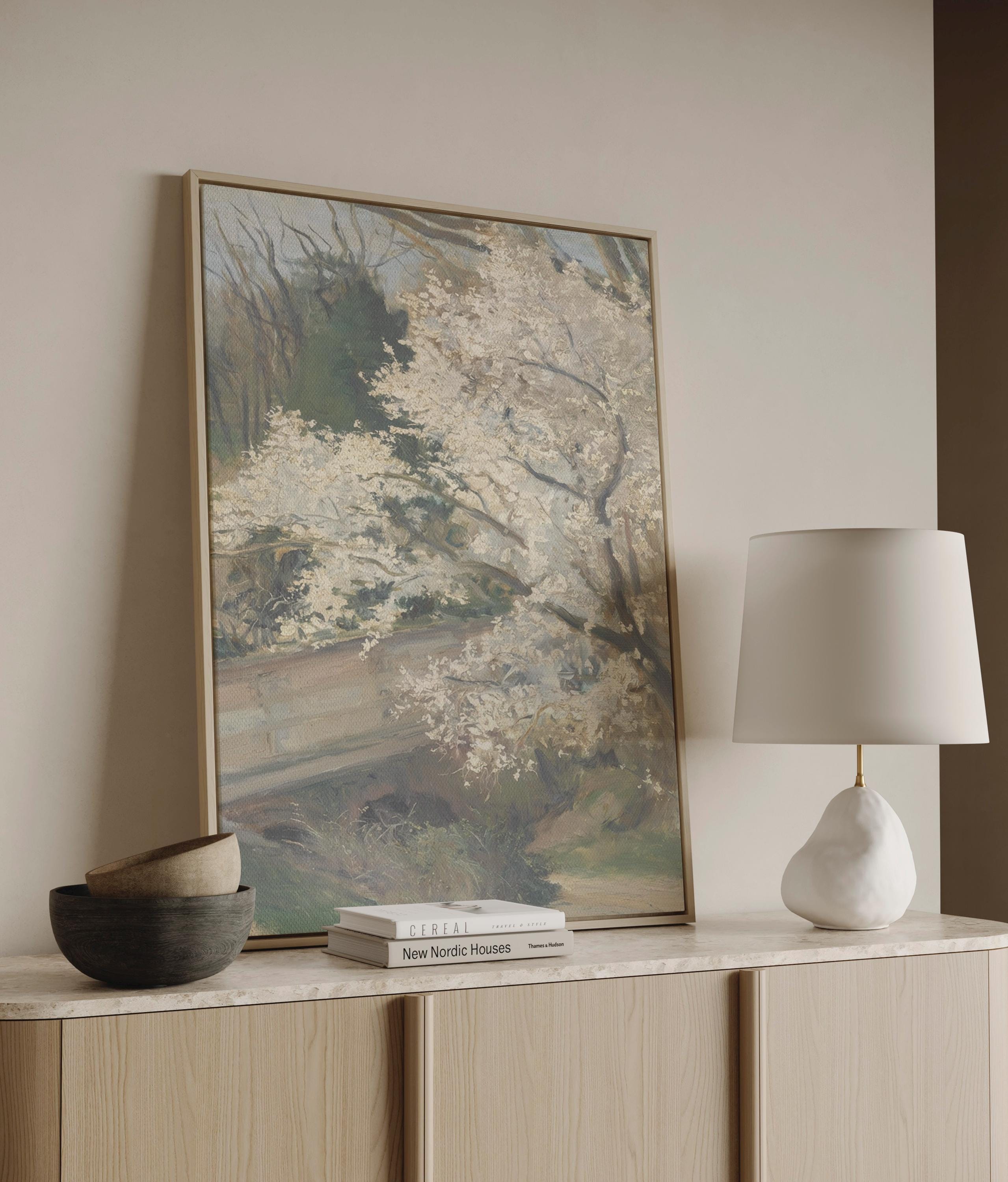White Blossom Tree Print | Vintage Landscape Wall Art | Soft Neutral Cottage Decor | Impressionist Nature Painting | Y0003