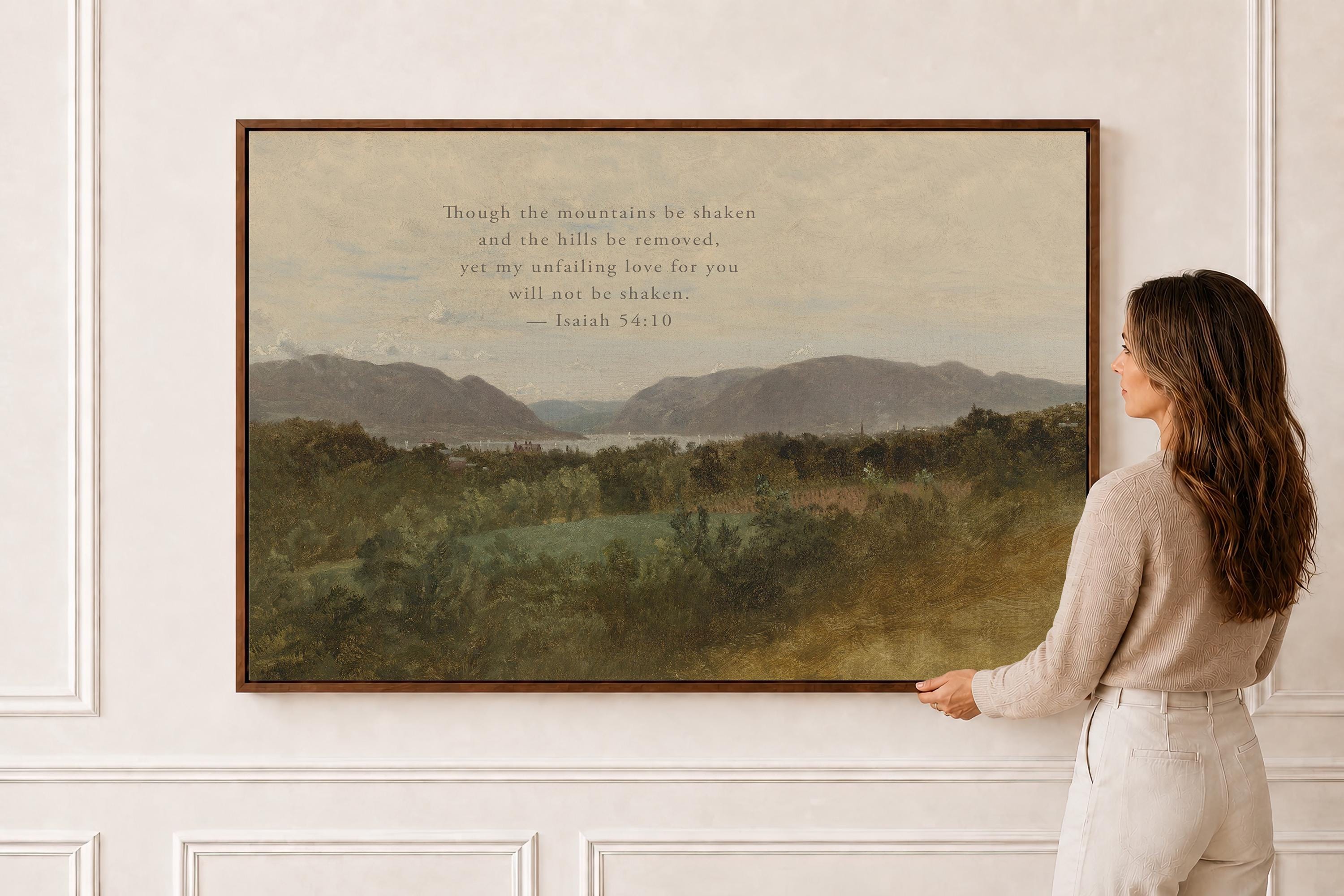 Isaiah 54:10 Wall Art | Though the Mountains Be Shaken Christian Landscape Canvas | Neutral Farmhouse Scripture Decor