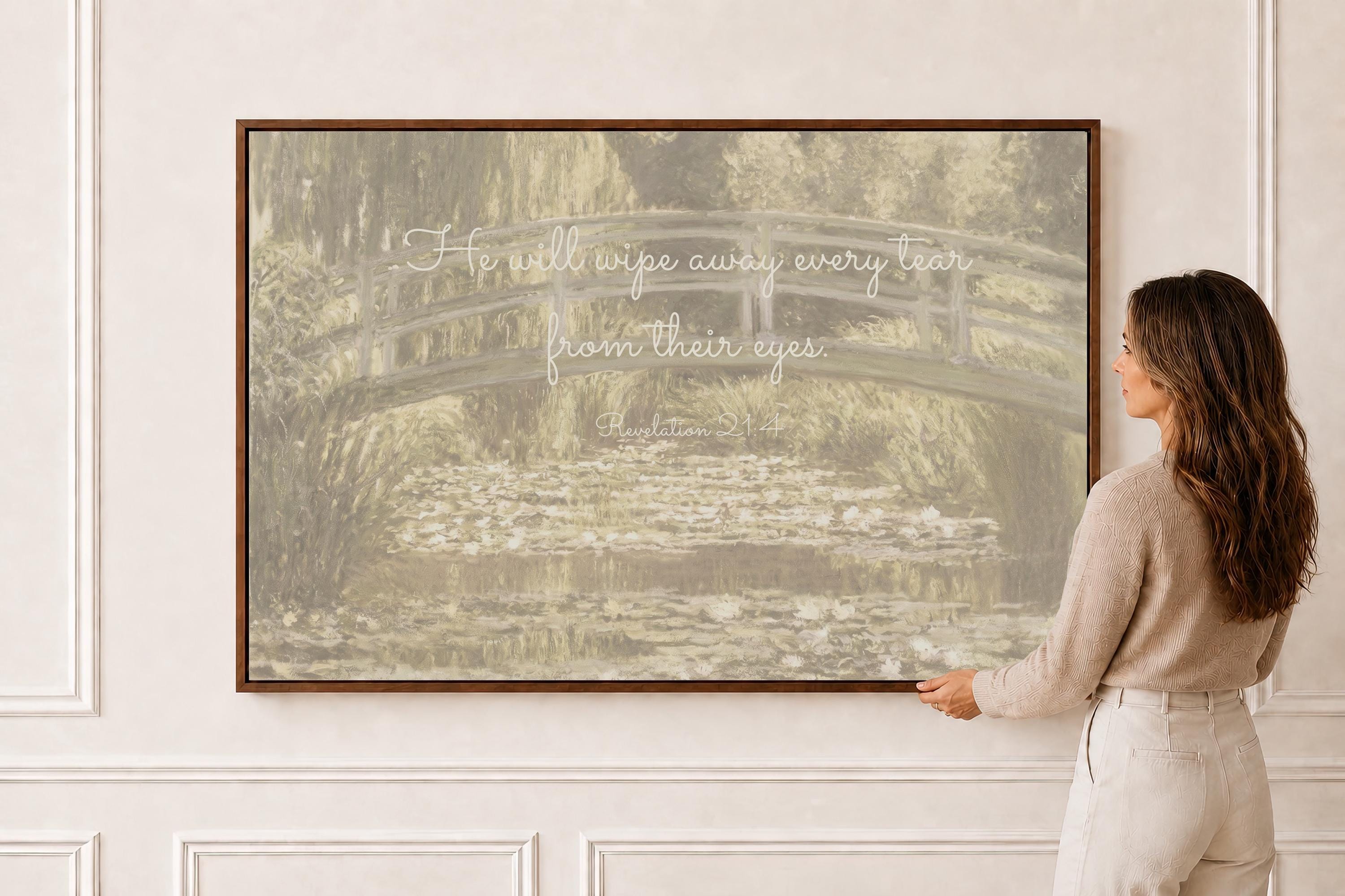 Revelation 21:4 Wall Art Print | Sympathy Gift Wall Decor | Neutral Garden Bridge Painting | Christian Memorial Art | W0132