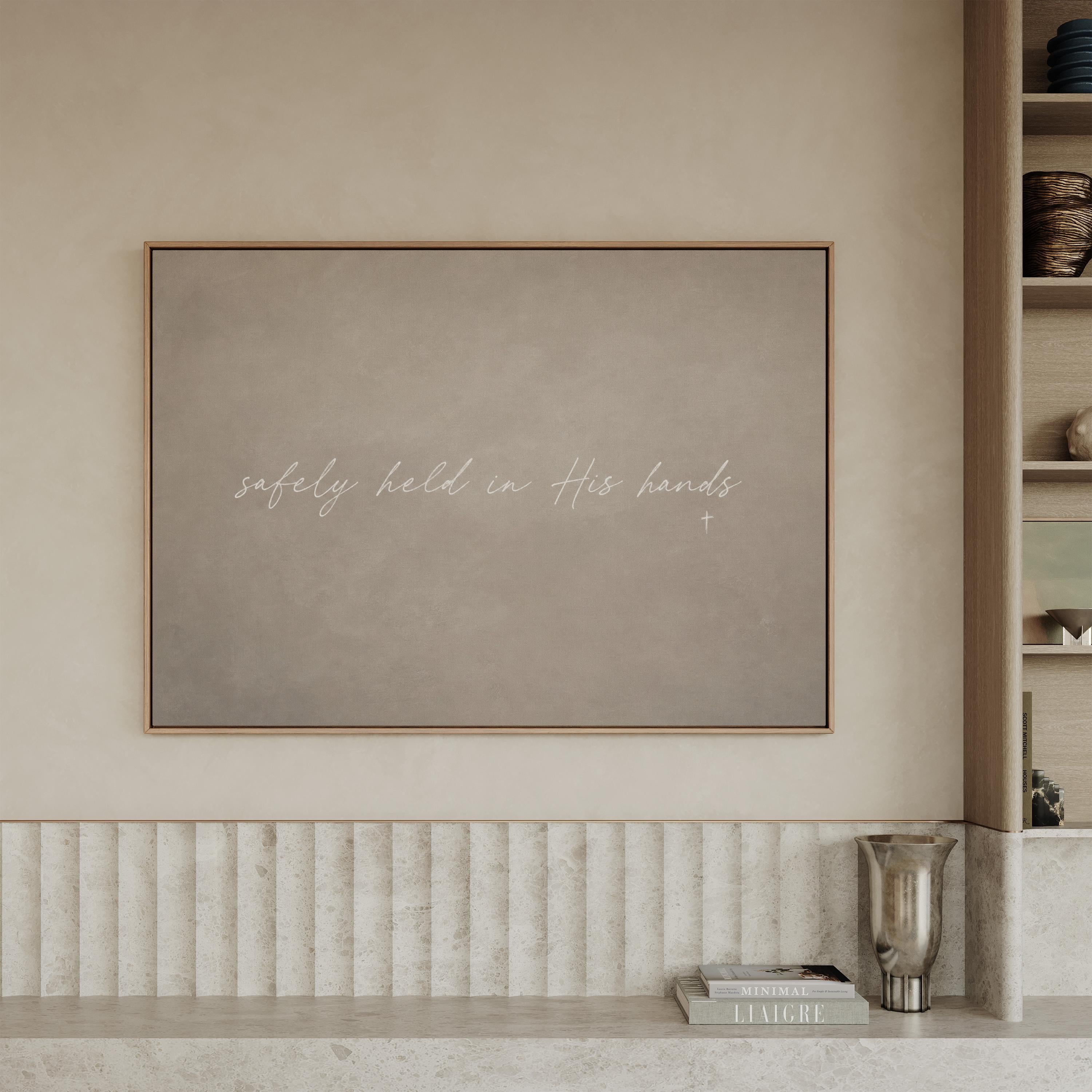 In His Hands Canvas | Safely Held in His Hands Framed Canvas Christian Wall Art | Faith Gift for Her | C0002