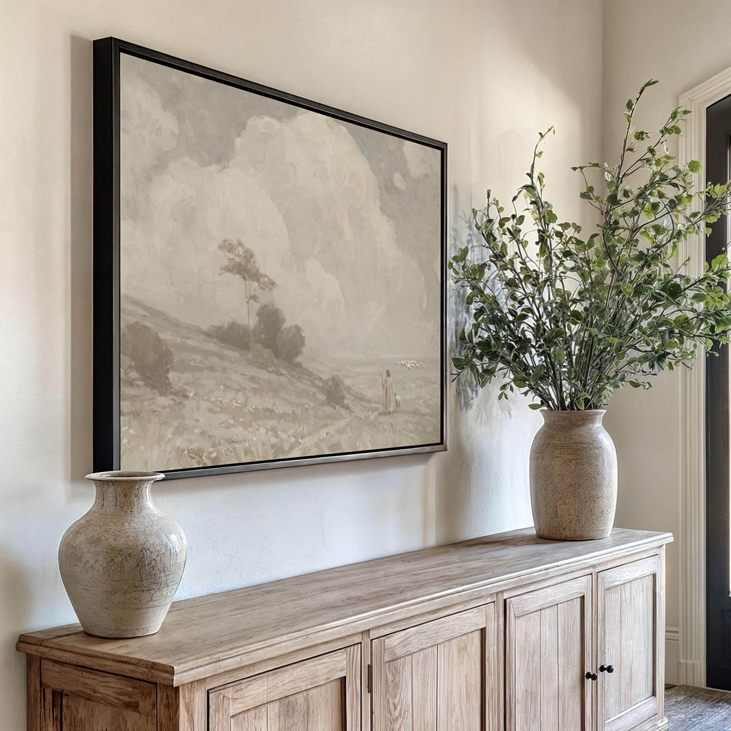 Farmhouse Faith Canvas | Cumulus Hillside Christian Wall Art Print | Neutral Christian Wall Art | Faith Gift | G0002