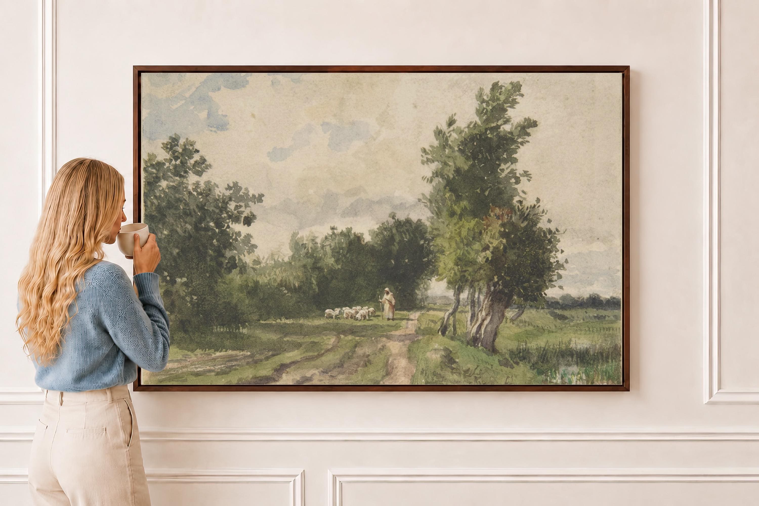 Psalm 23 Framed Canvas | Country Path Jesus with Sheep Christian Print | Vintage Christian Wall Art | Faith Gift | S0002