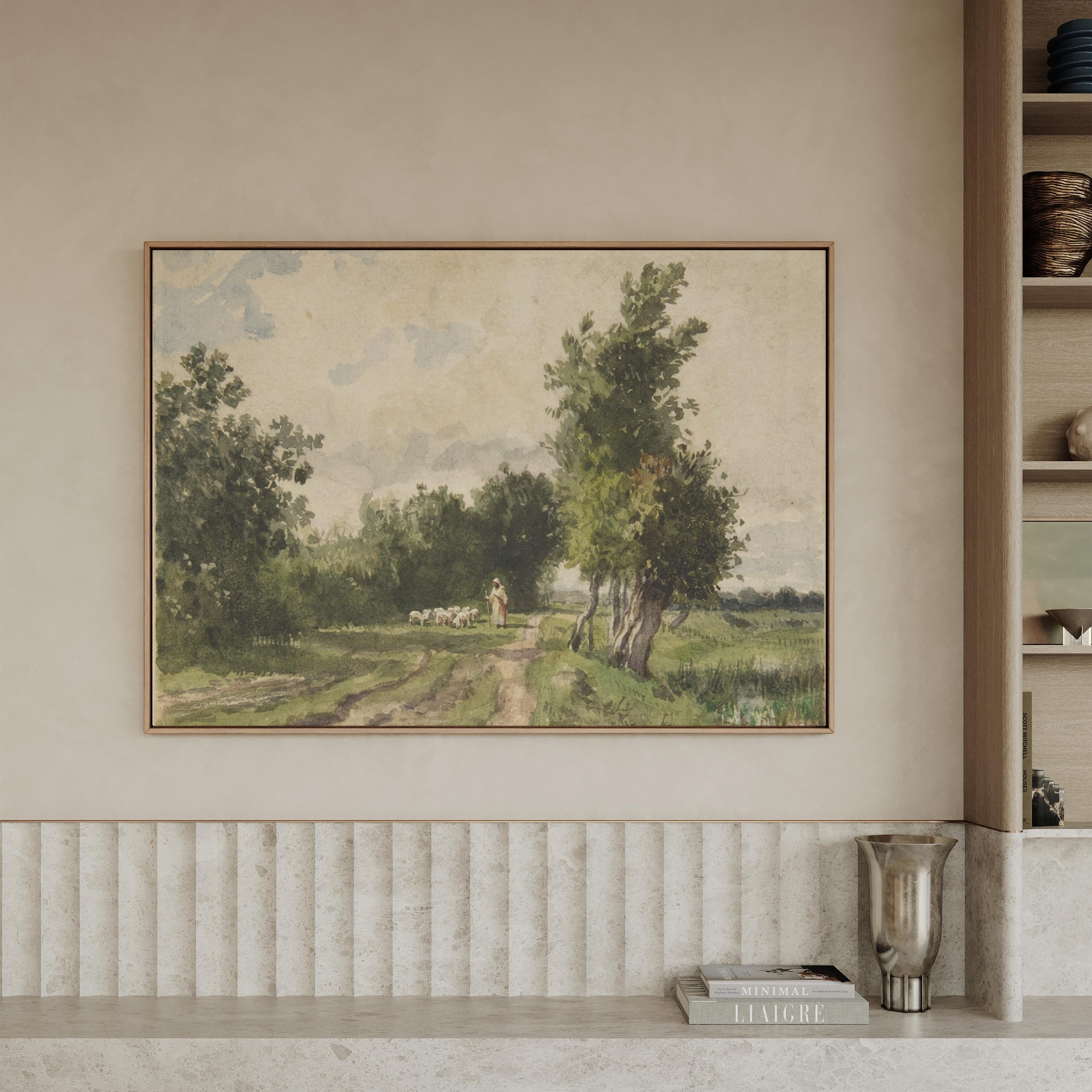 Psalm 23 Framed Canvas | Country Path Jesus with Sheep Christian Print | Vintage Christian Wall Art | Faith Gift | S0002