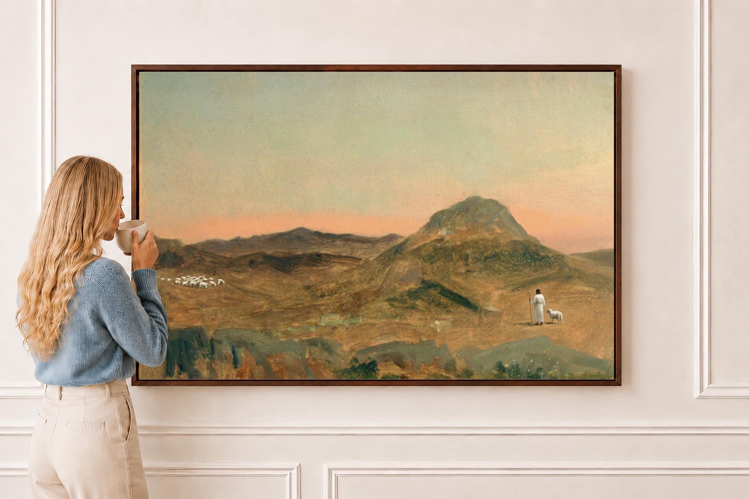 Lost Sheep Framed Canvas | Sunset Peak Christian Wall Art Print | Moody Christian Wall Art | Faith Gift | L0011