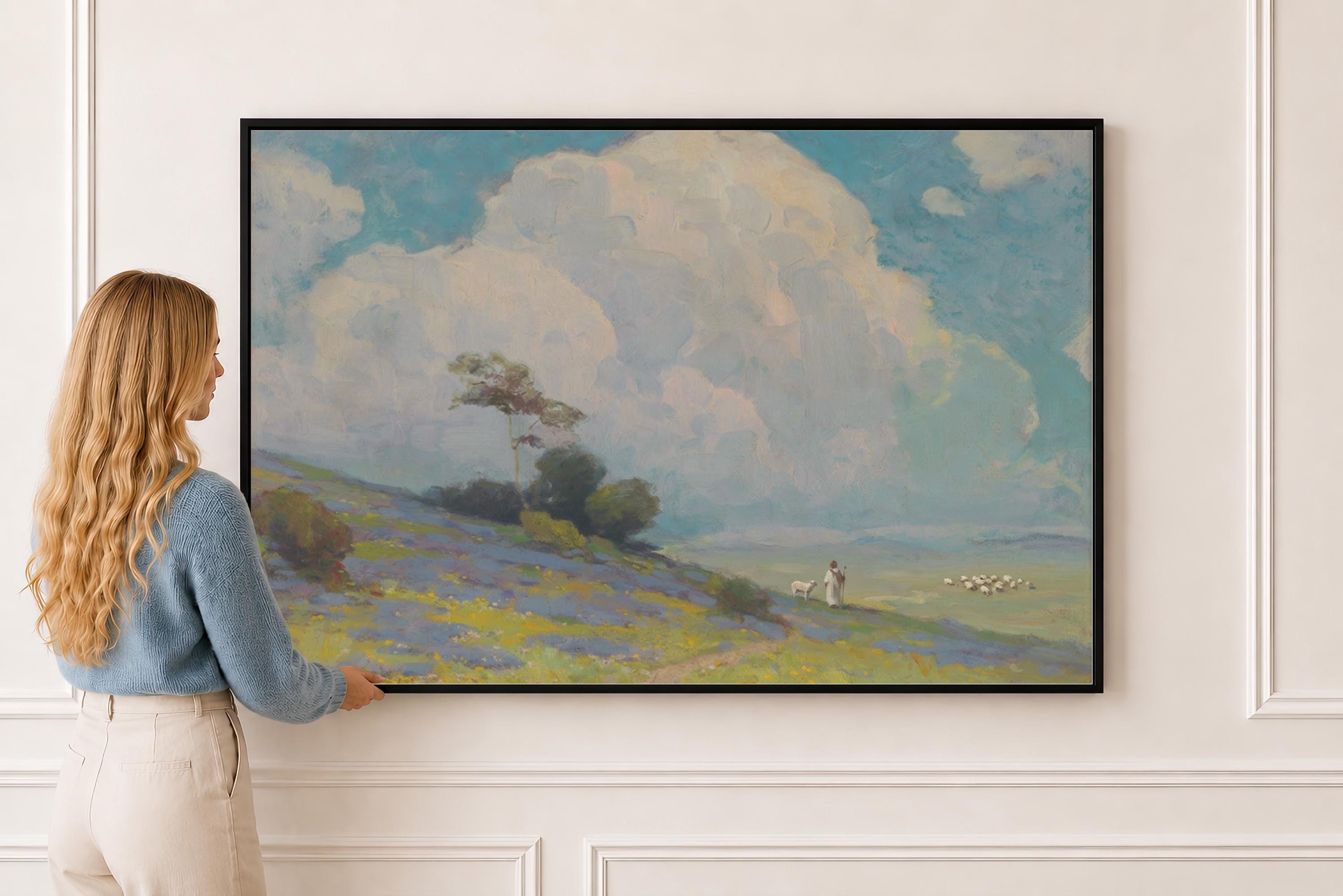 Lost Sheep Framed Canvas | Cumulus Hillside Christian Wall Art Print | Neutral Christian Wall Art | Faith Gift | L0002