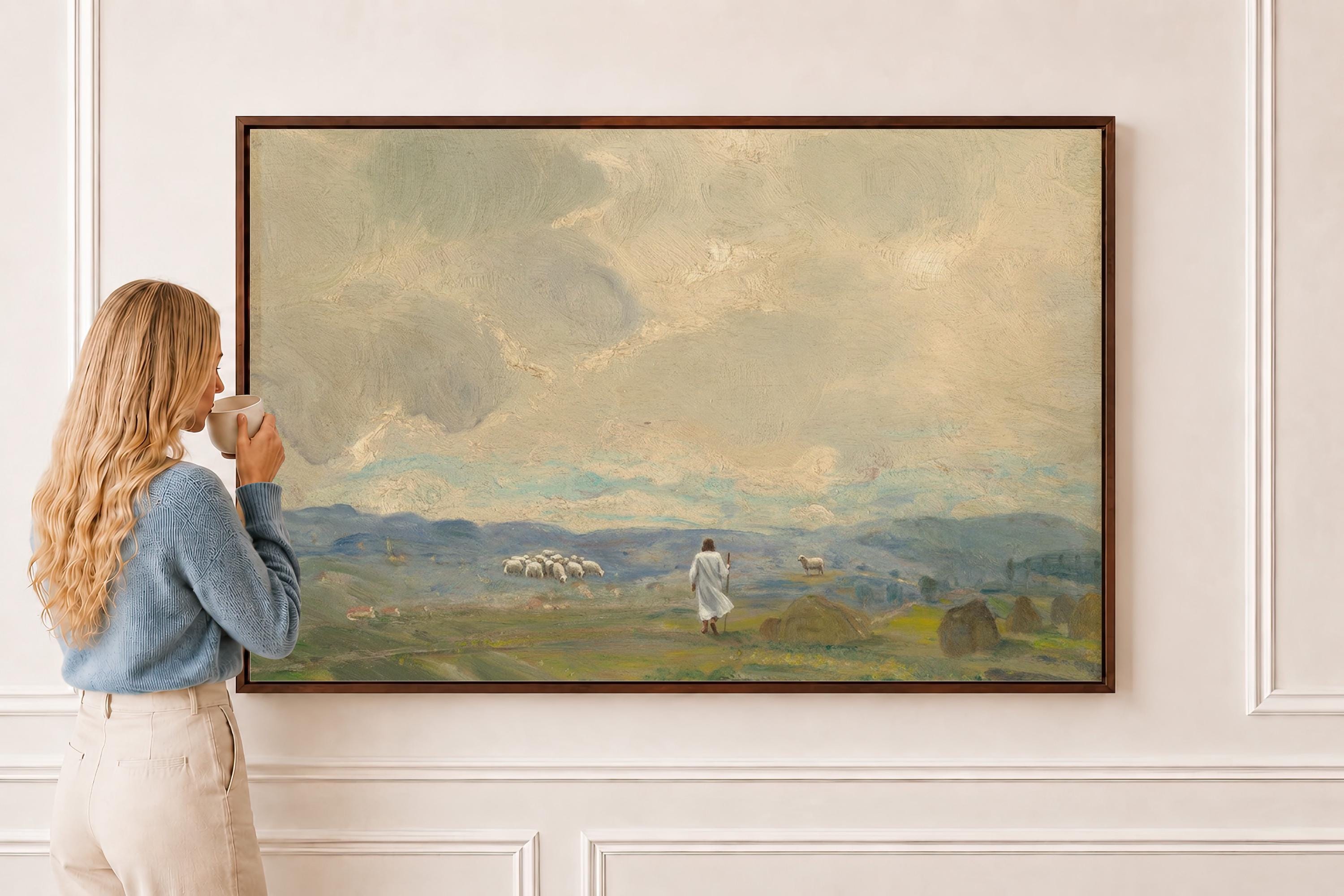 Lost Sheep Framed Canvas | Haystacks Blue Hills Christian Wall Art Print | Vintage Christian Wall Art | Faith Gift | L0005