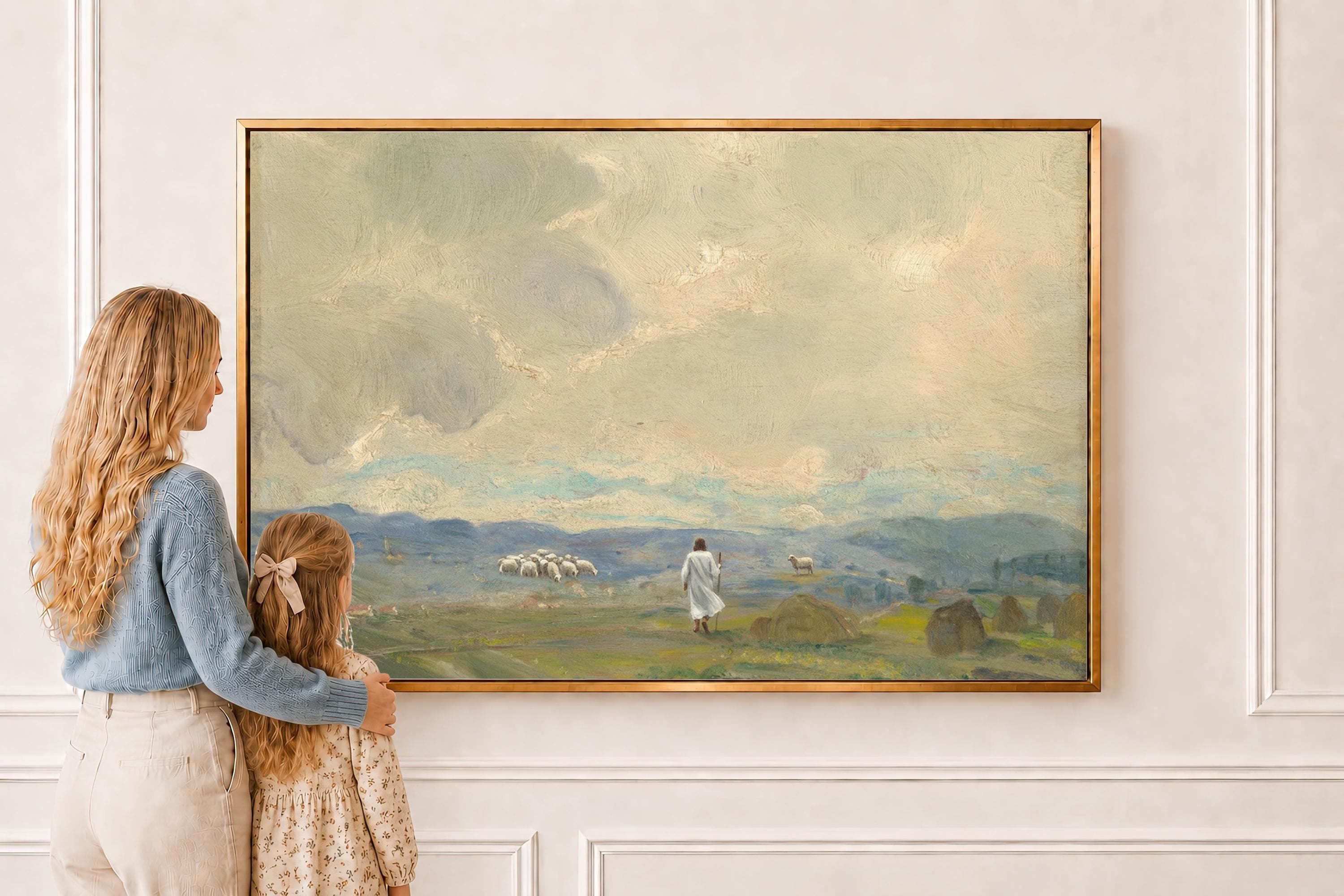 Lost Sheep Framed Canvas | Haystacks Blue Hills Christian Wall Art Print | Vintage Christian Wall Art | Faith Gift | L0005