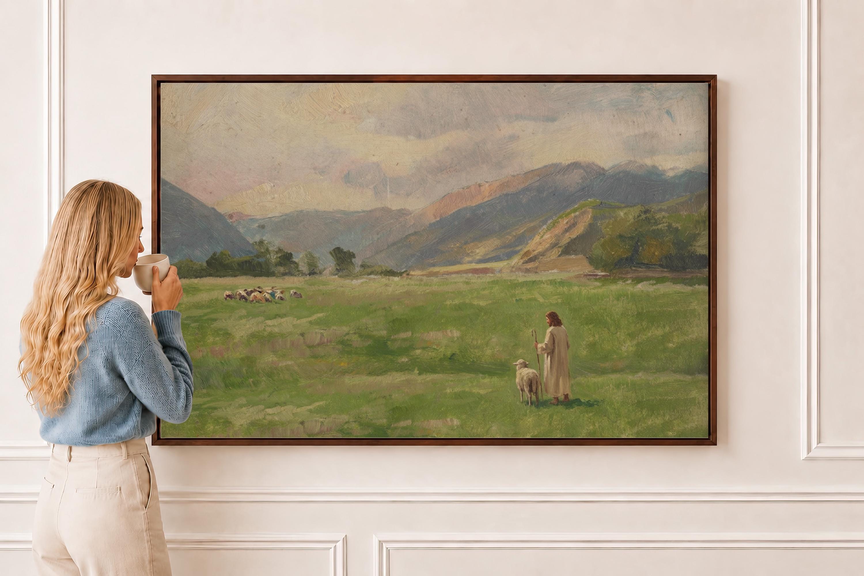Lost Sheep Framed Canvas | Mountain Meadow Christian Wall Art Print | Neutral Christian Wall Art | Faith Gift | L0007