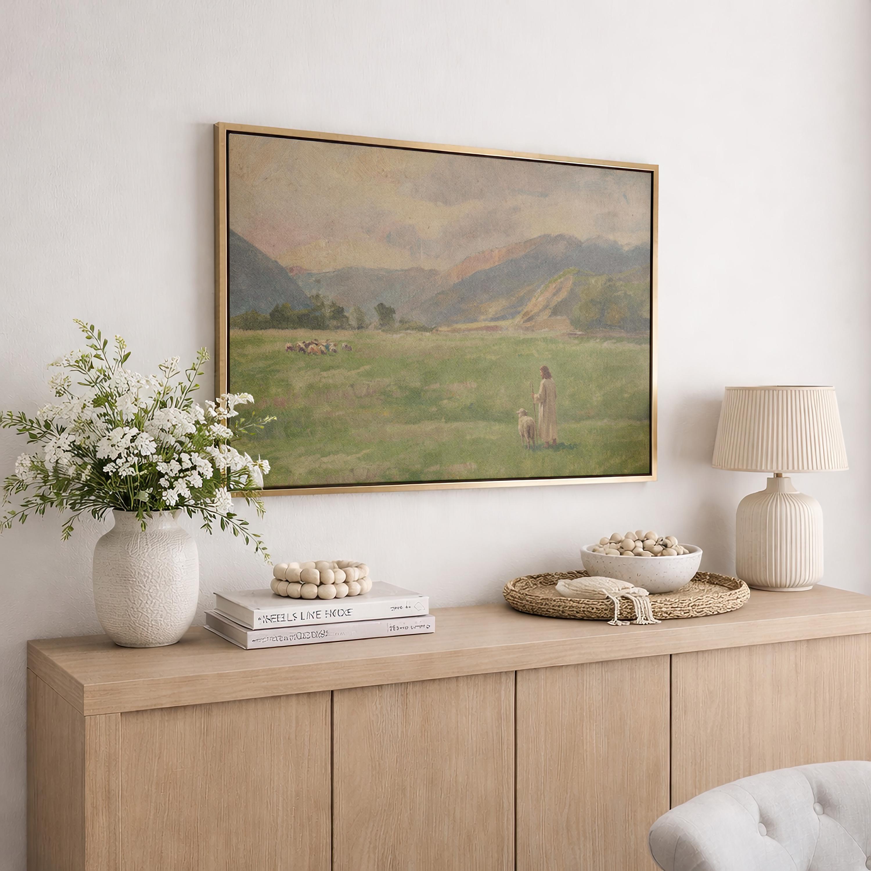 Lost Sheep Framed Canvas | Mountain Meadow Christian Wall Art Print | Neutral Christian Wall Art | Faith Gift | L0007