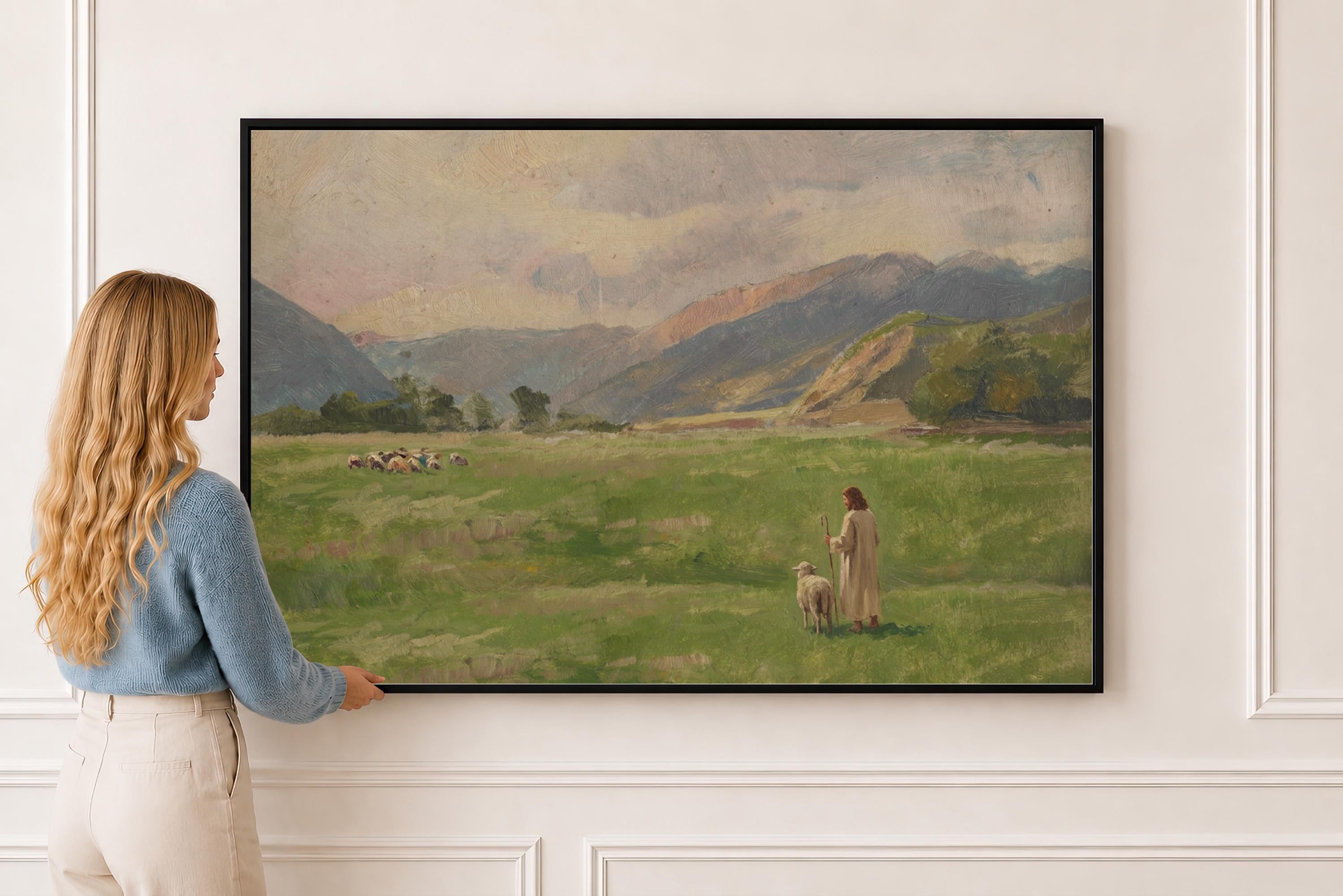 Lost Sheep Framed Canvas | Mountain Meadow Christian Wall Art Print | Neutral Christian Wall Art | Faith Gift | L0007