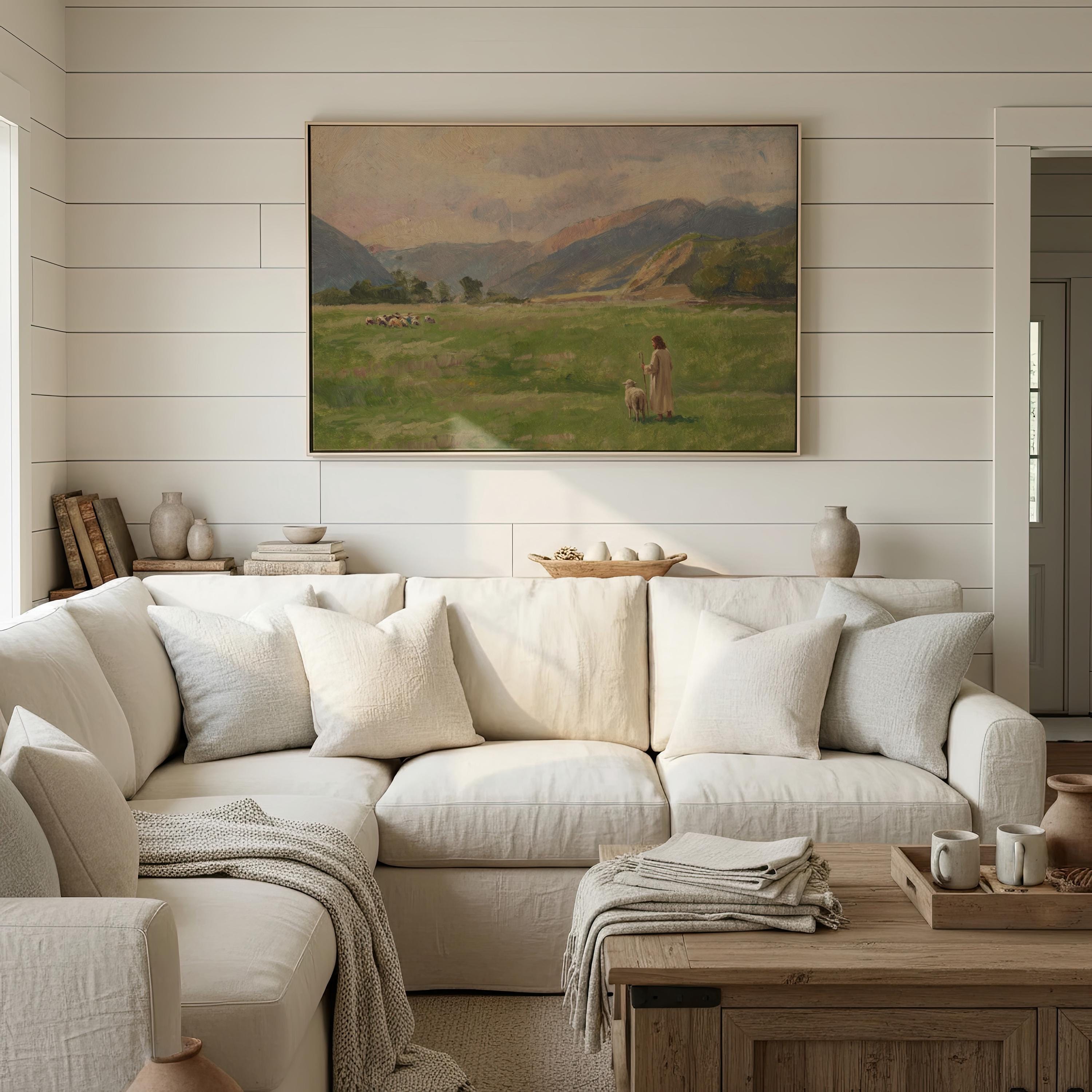 Lost Sheep Framed Canvas | Mountain Meadow Christian Wall Art Print | Neutral Christian Wall Art | Faith Gift | L0007