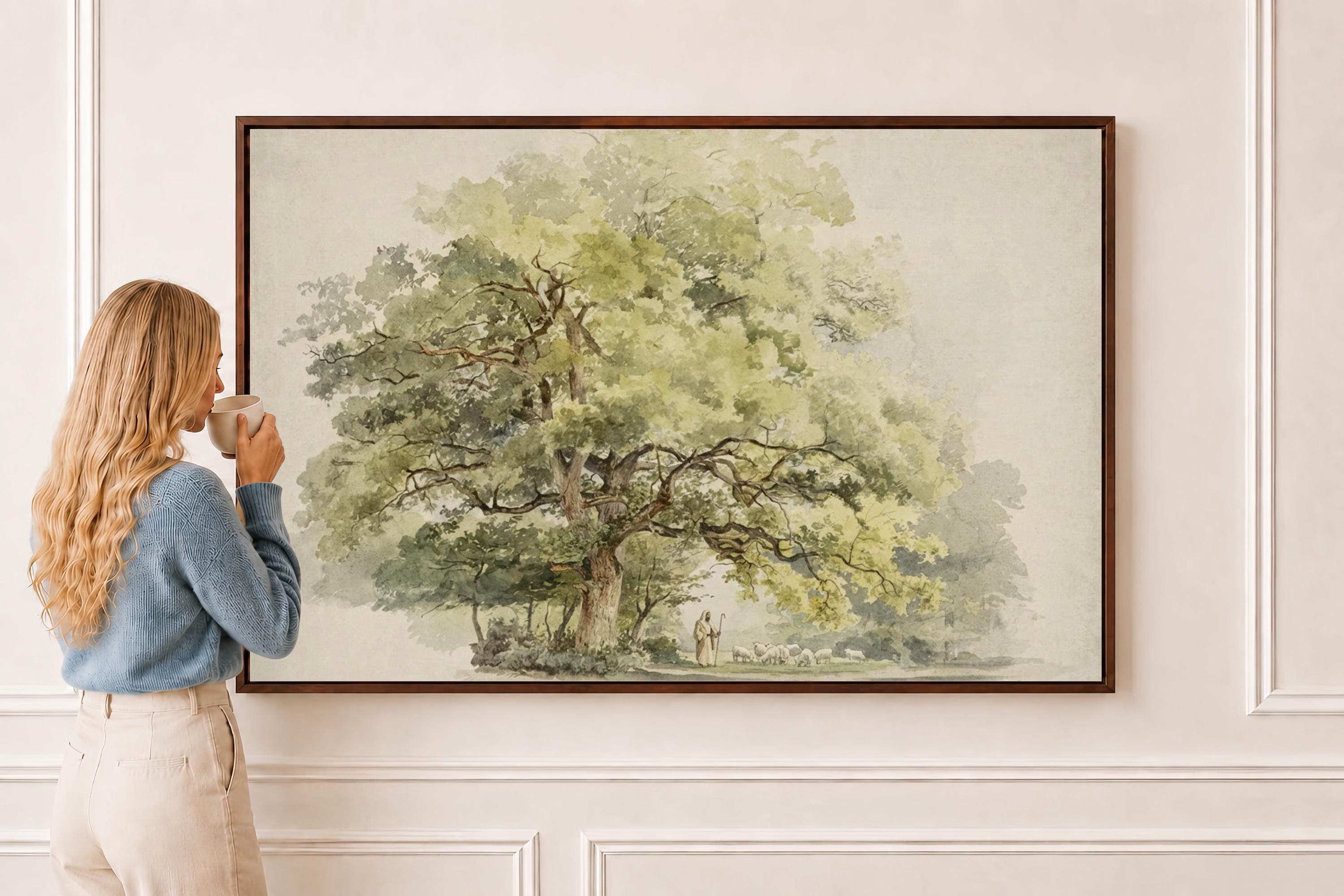 Psalm 23 Framed Canvas | Jesus with Sheep Oak Tree Christian Print | Watercolor Christian Wall Art | Faith Gift | S0015