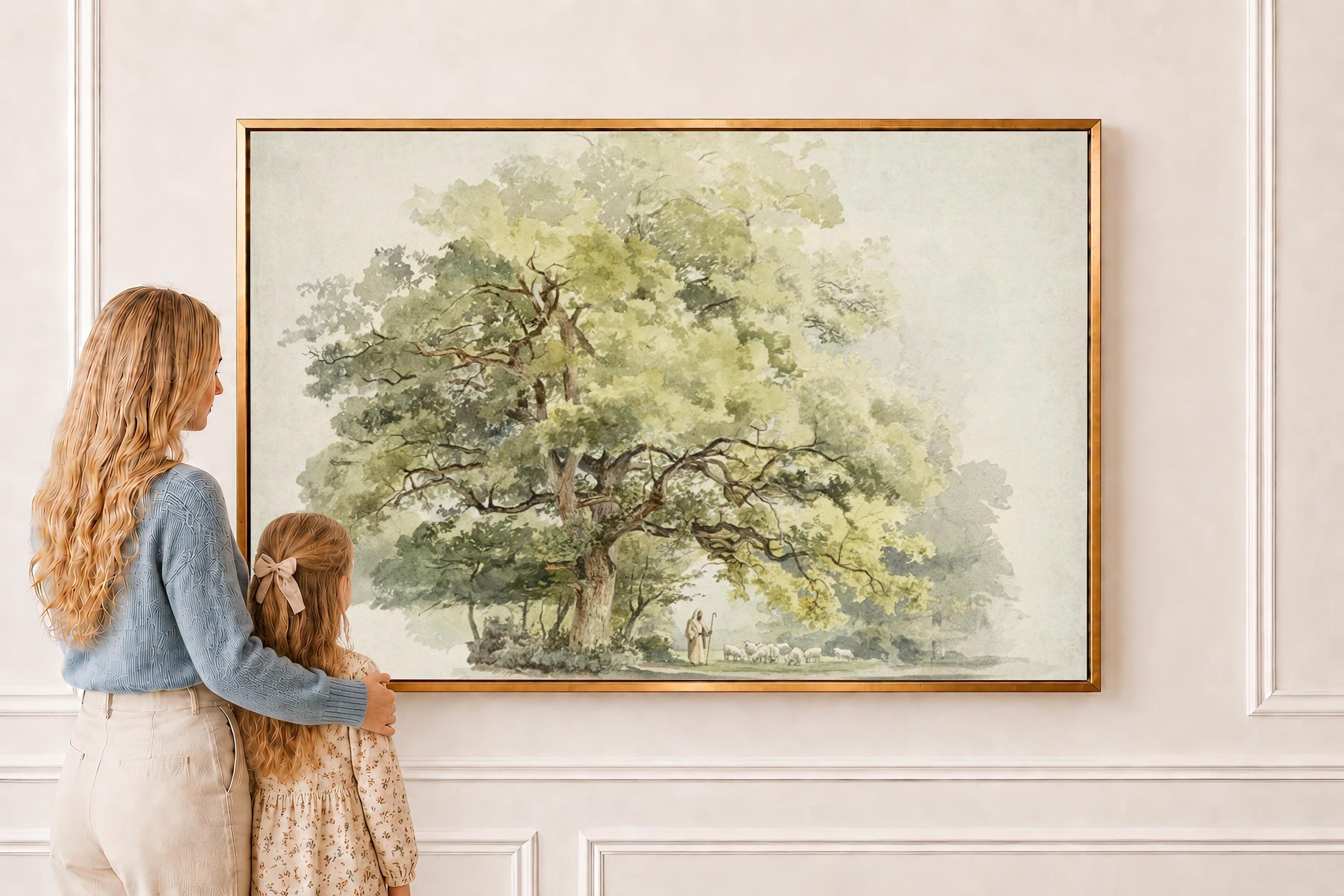 Psalm 23 Framed Canvas | Jesus with Sheep Oak Tree Christian Print | Watercolor Christian Wall Art | Faith Gift | S0015