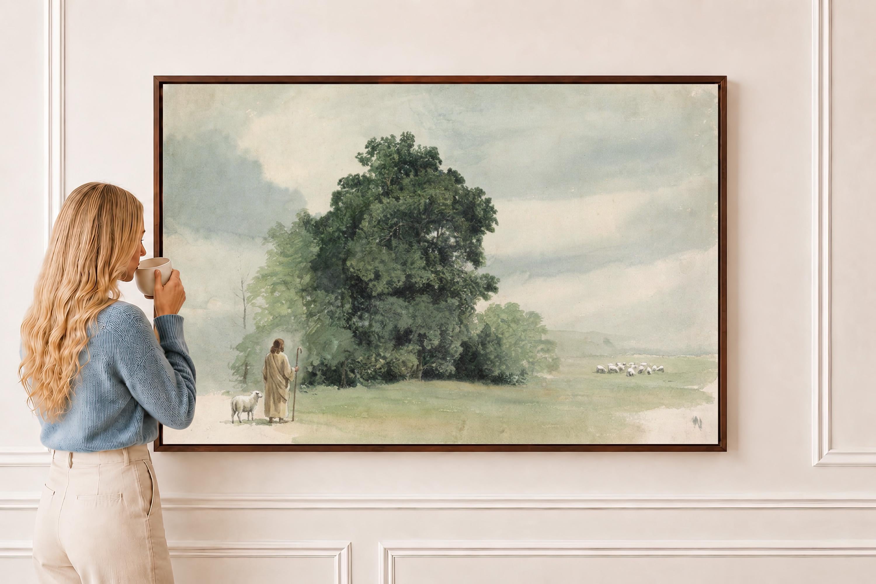Lost Sheep Framed Canvas | Green Hill Trees Christian Wall Art Print | Vintage Christian Wall Art | Faith Gift | L0004
