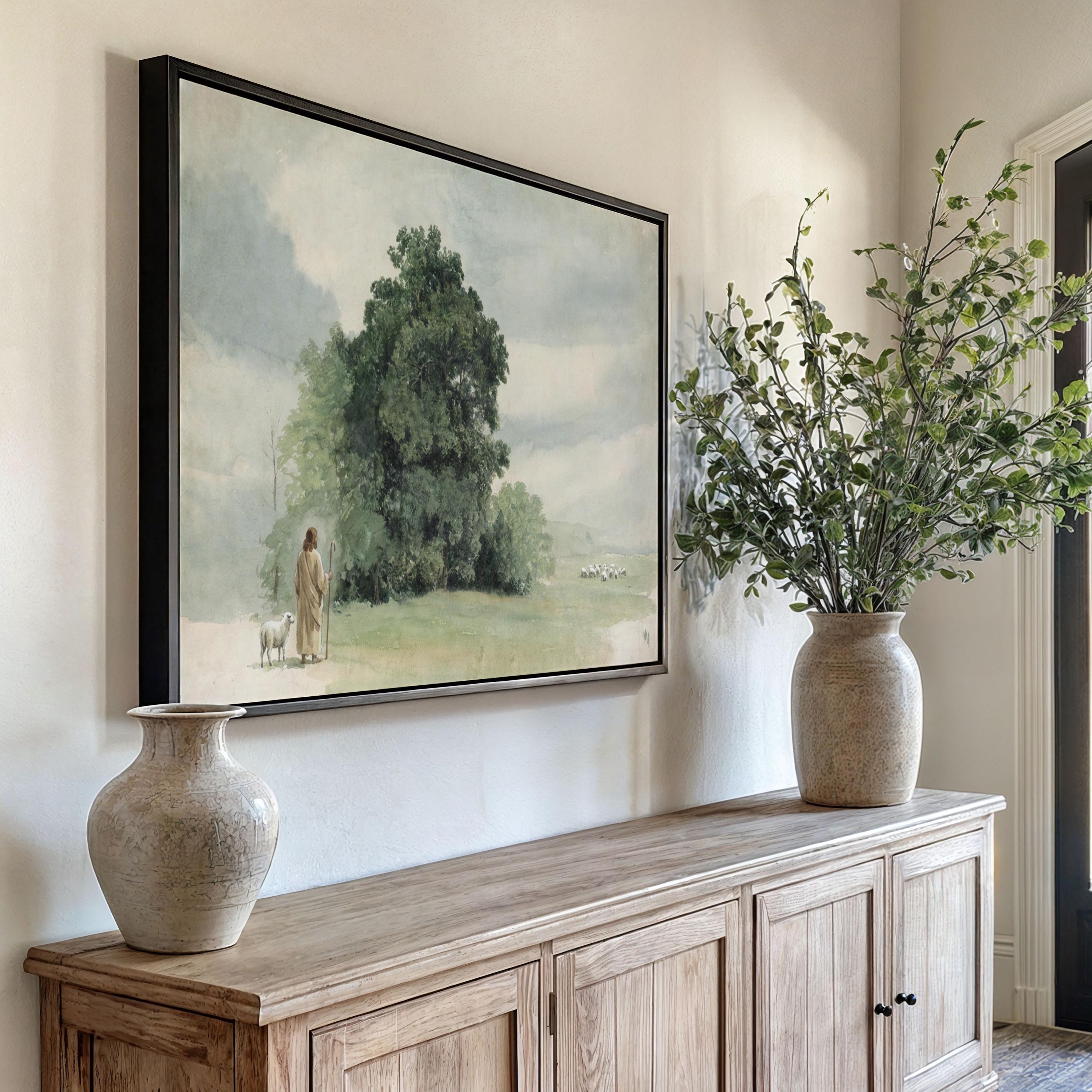 Lost Sheep Framed Canvas | Green Hill Trees Christian Wall Art Print | Vintage Christian Wall Art | Faith Gift | L0004