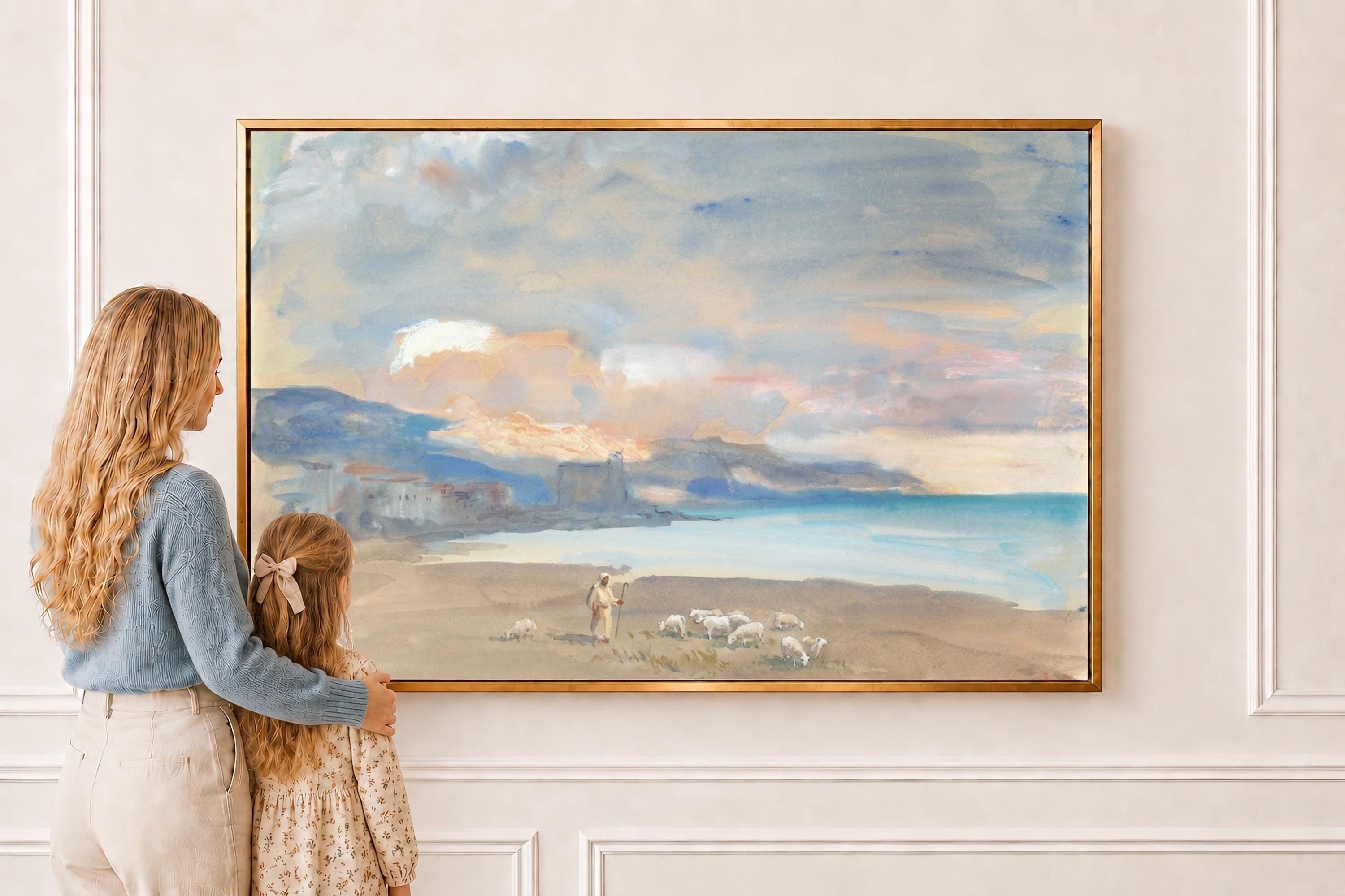 Psalm 23 Framed Canvas | Jesus with Sheep Coastal Dusk Print | Coastal Christian Wall Art | Faith Gift | S0007