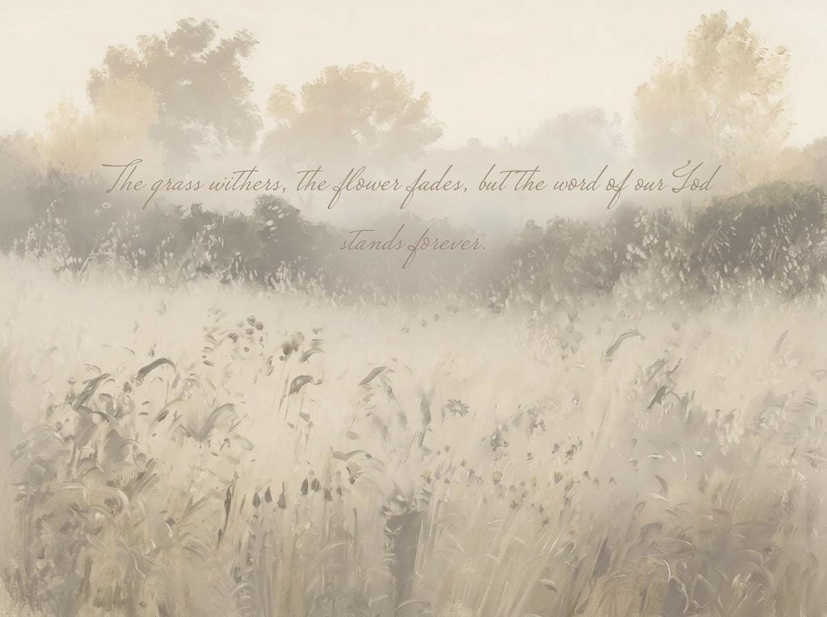 Isaiah 40:8 Canvas | Muted Meadow Christian Decor | Neutral Christian Wall Art | Faith Gift | T0010