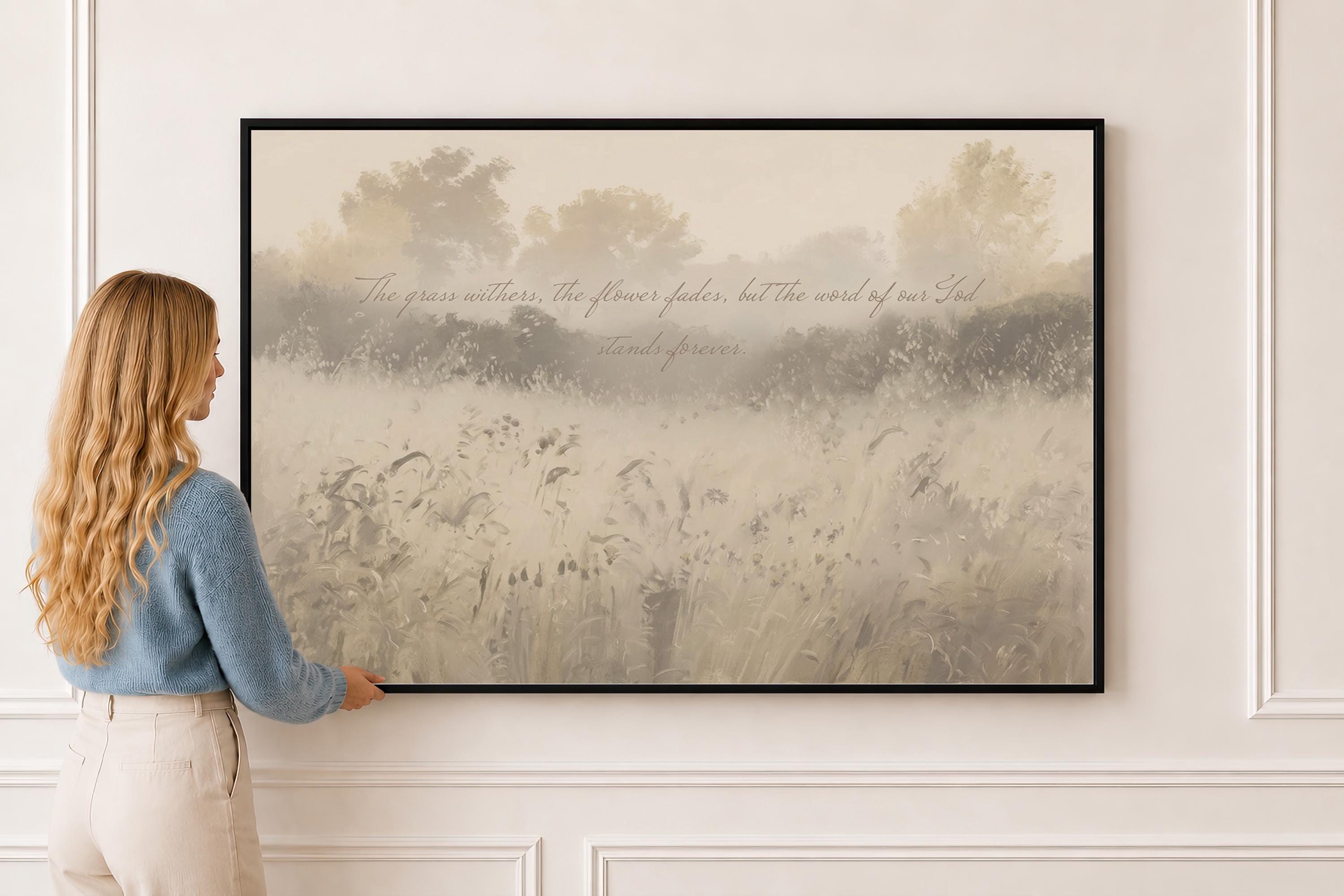Isaiah 40:8 Canvas | Muted Meadow Christian Decor | Neutral Christian Wall Art | Faith Gift | T0010