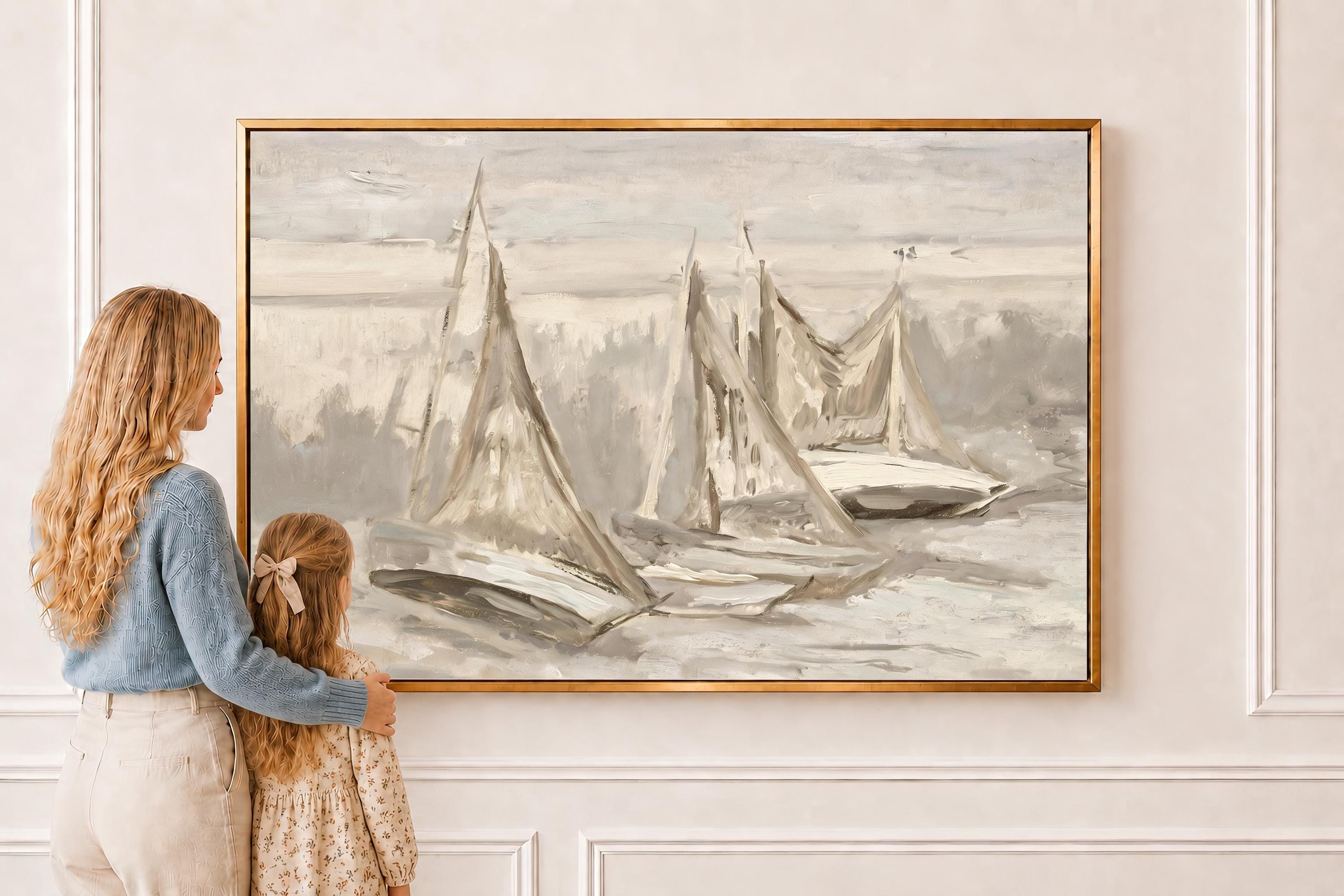Neutral Sailboat Wall Art, Minimal Coastal Painting, Beige Nautical Canvas Print, Serene Ocean Artwork, Modern Beach House Decor