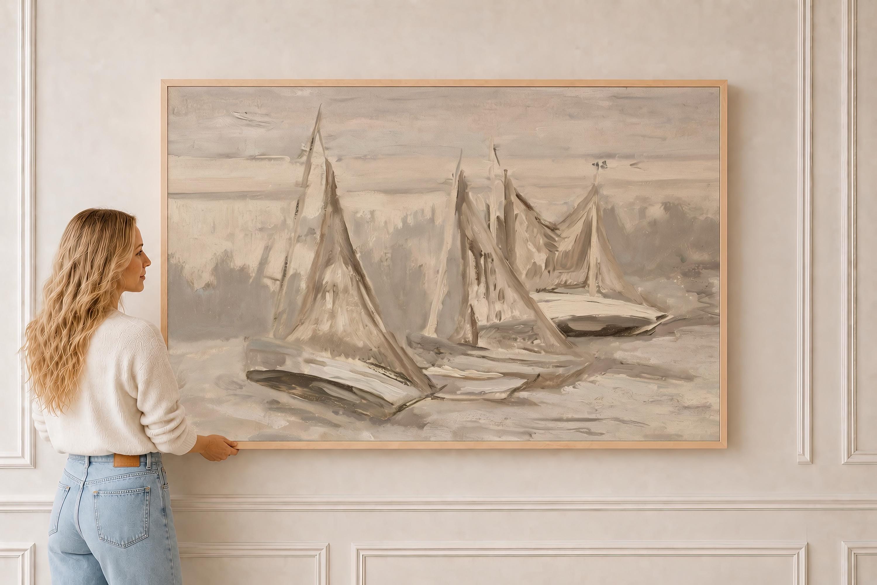 Neutral Sailboat Wall Art, Minimal Coastal Painting, Beige Nautical Canvas Print, Serene Ocean Artwork, Modern Beach House Decor