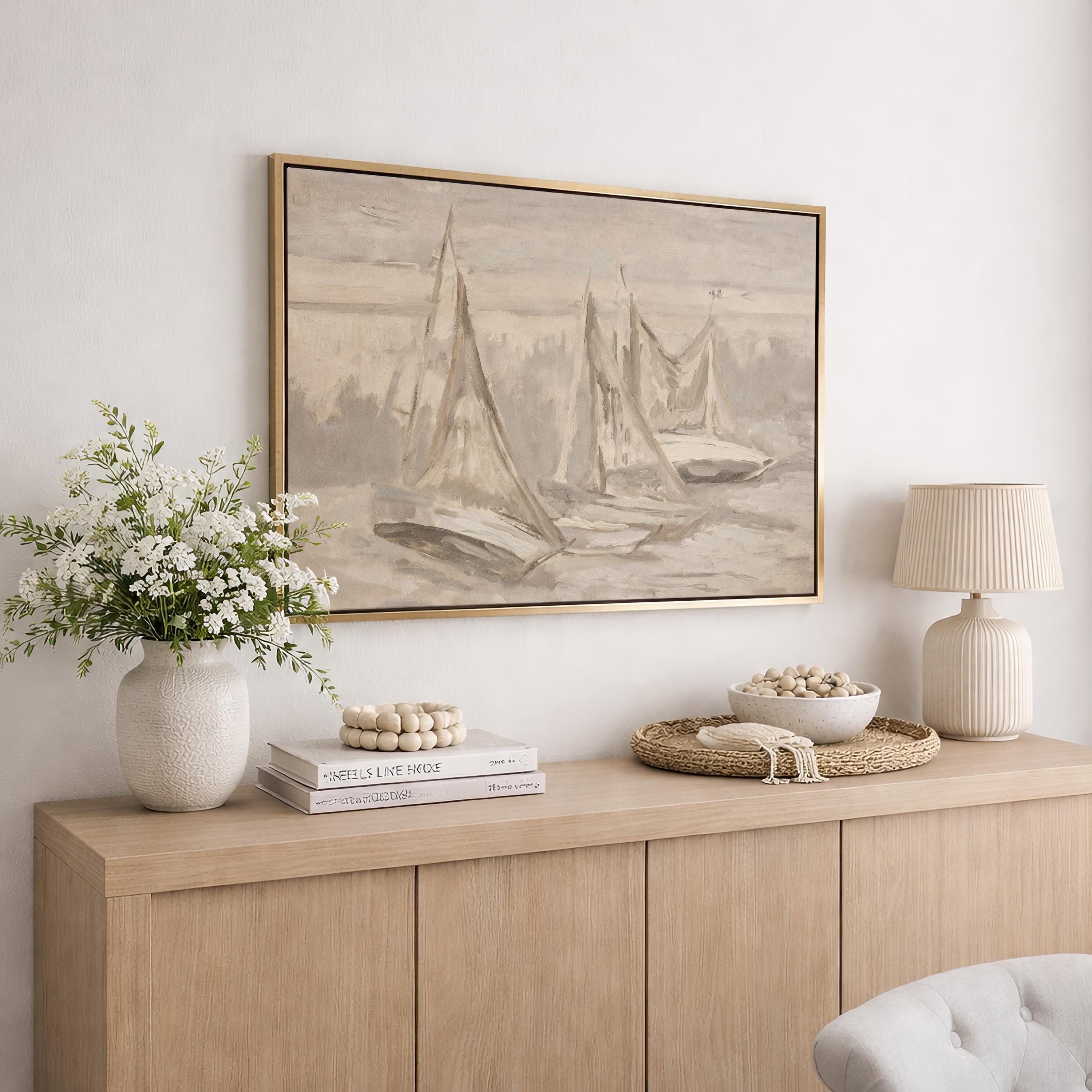 Neutral Sailboat Wall Art, Minimal Coastal Painting, Beige Nautical Canvas Print, Serene Ocean Artwork, Modern Beach House Decor