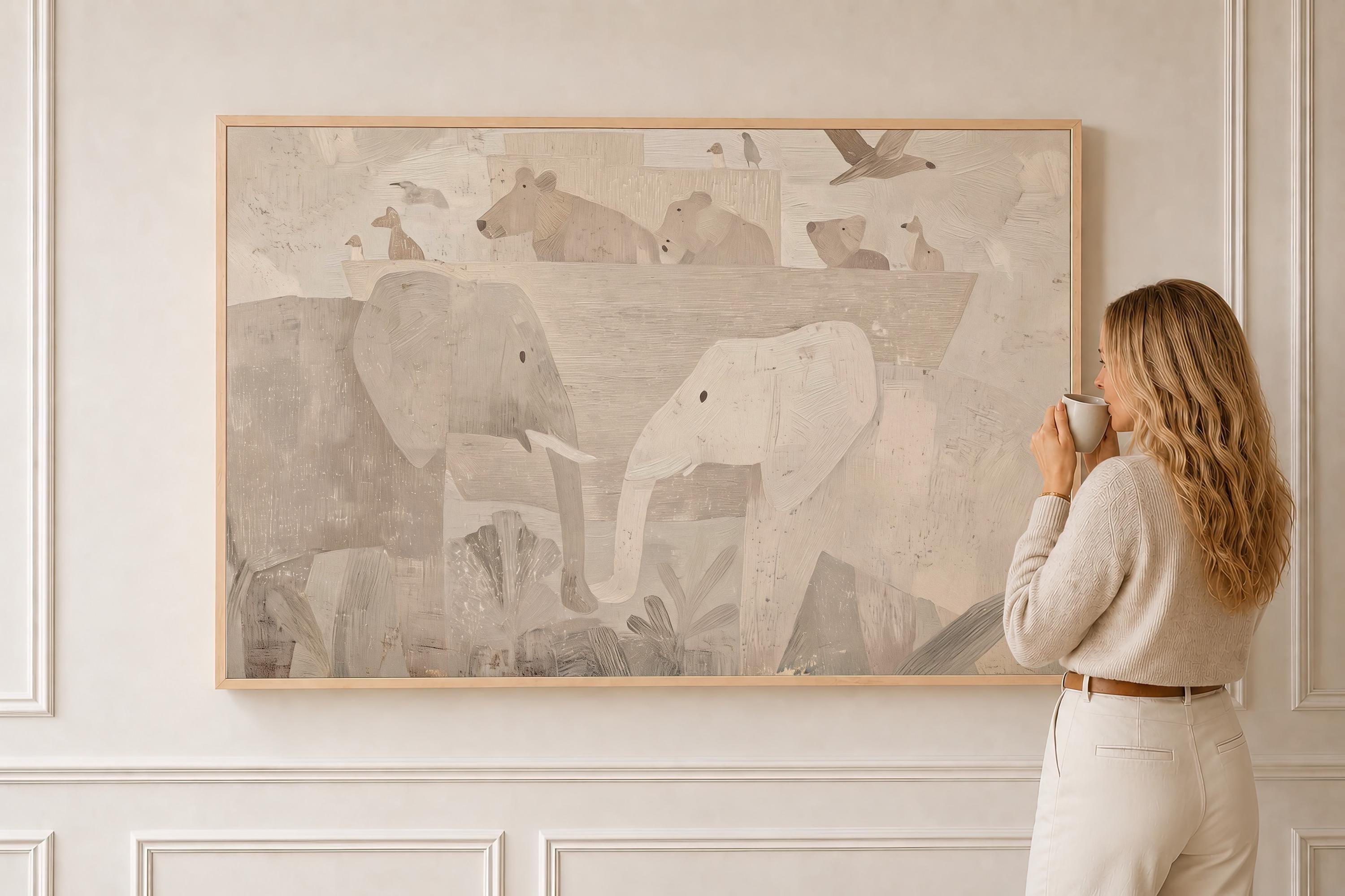 Noah’s Ark Neutral Nursery Art, Christian Animal Print, Abstract Faith Kids Room Decor