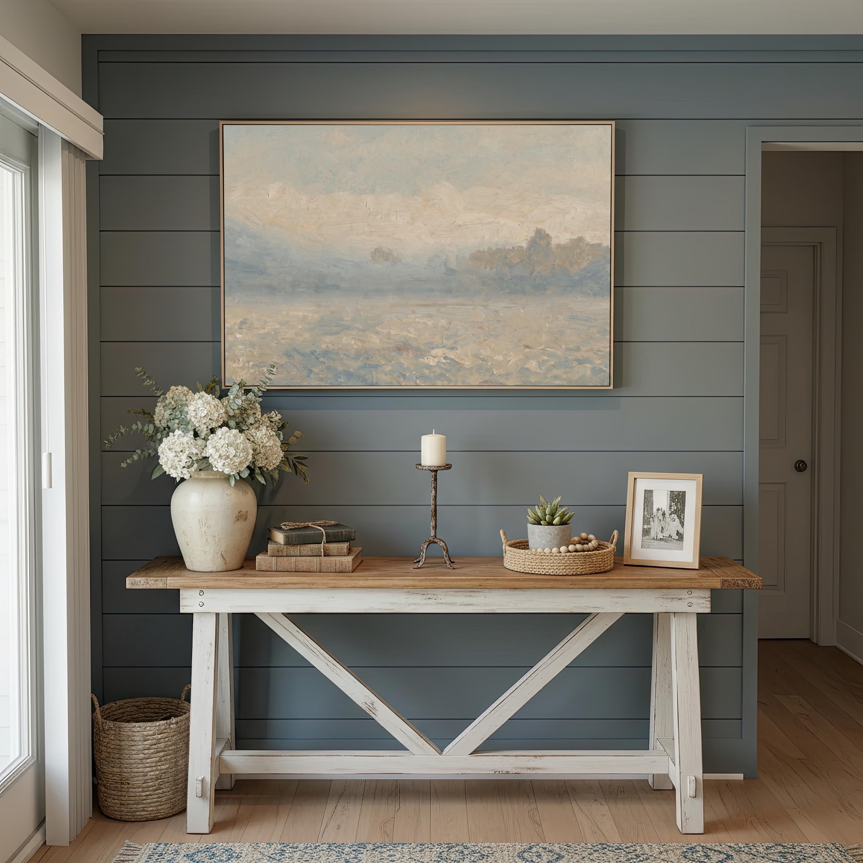 Powder Blue Landscape Wall Art | Blue Ivory Painting | Coastal Farmhouse Art | Bedroom Living Room Wall Decor | P0014